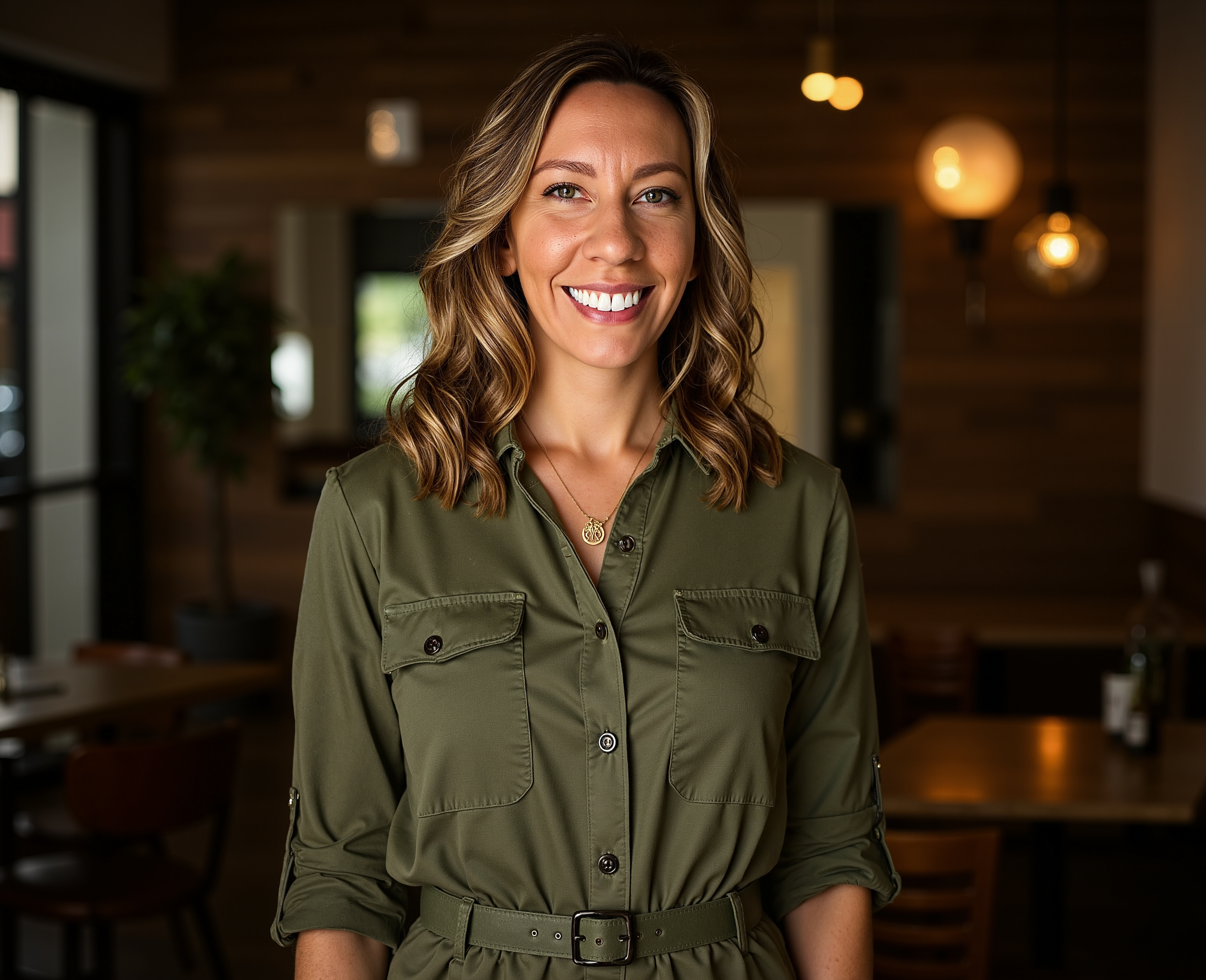 A female architect, MBA, and writer. with light brown wavy hair smiling in a warmly lit indoor setting, wearing a green button-up shirt and a gold necklace with a pendant.