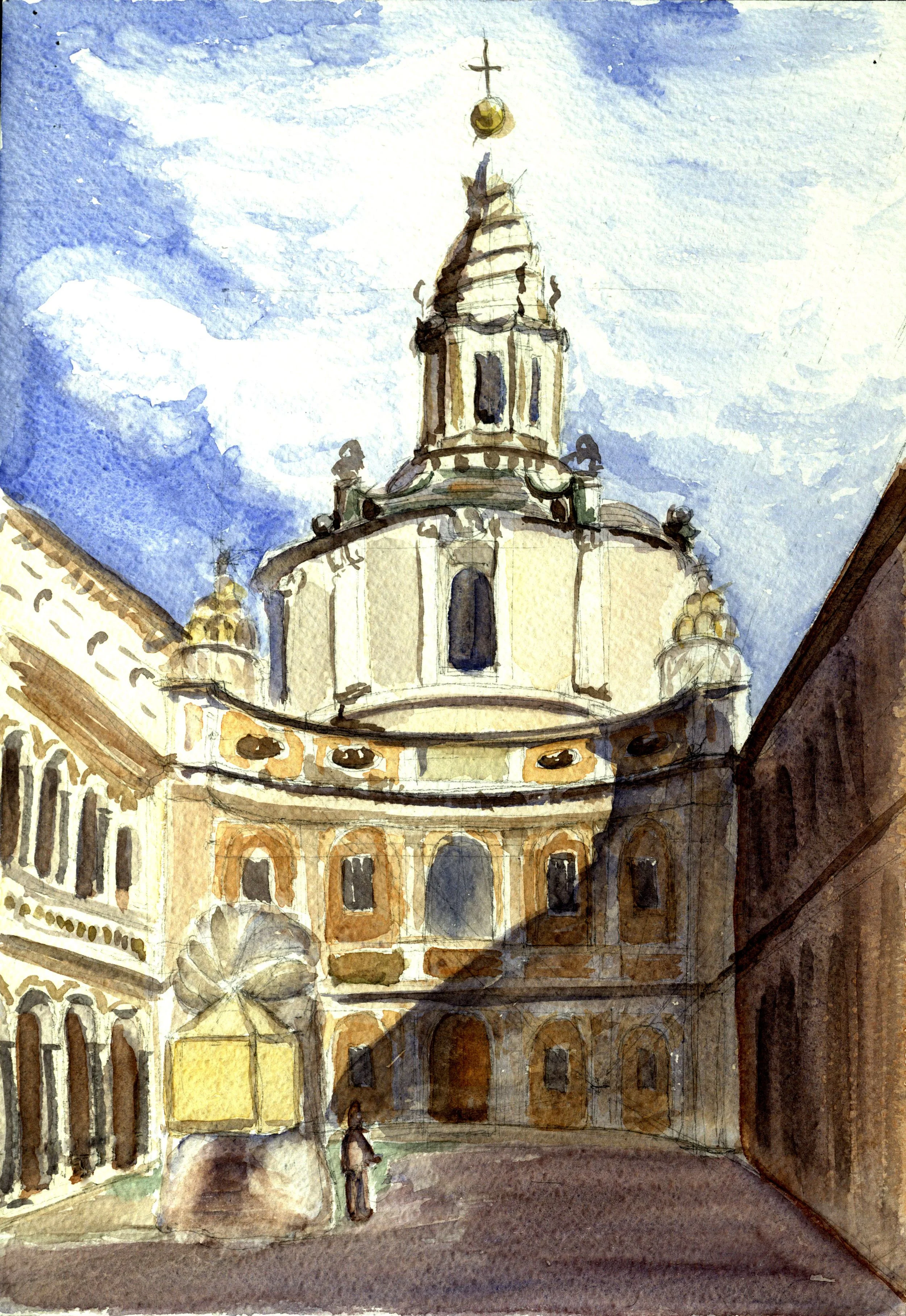 Freehand watercolor of Sant'Ivo alla Sapienza in the afternoon in Rome, Italy