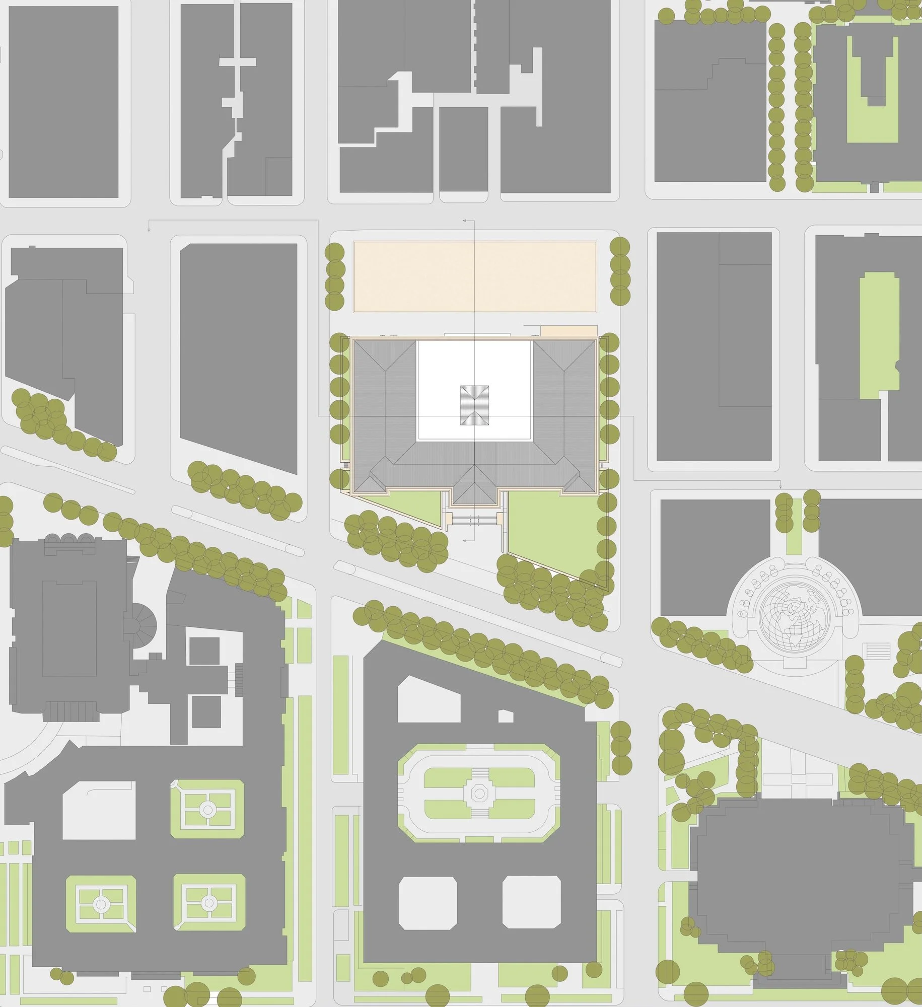Washington, DC site plan for a proposed museum for design studio at Notre Dame. Drafted using AutoCAD and rendered using Photoshop.