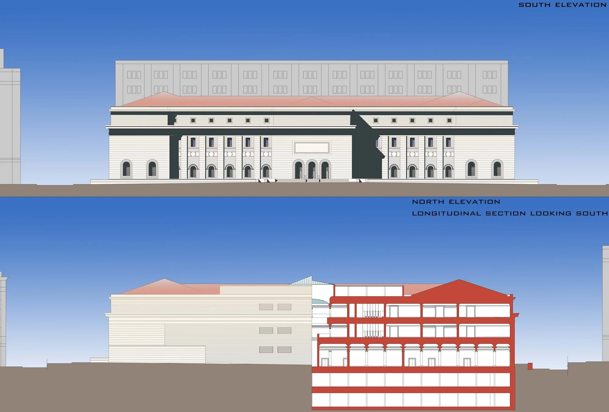 Washington, DC elevation and section for a proposed museum for design studio at Notre Dame. Drafted using AutoCAD and rendered using Photoshop.