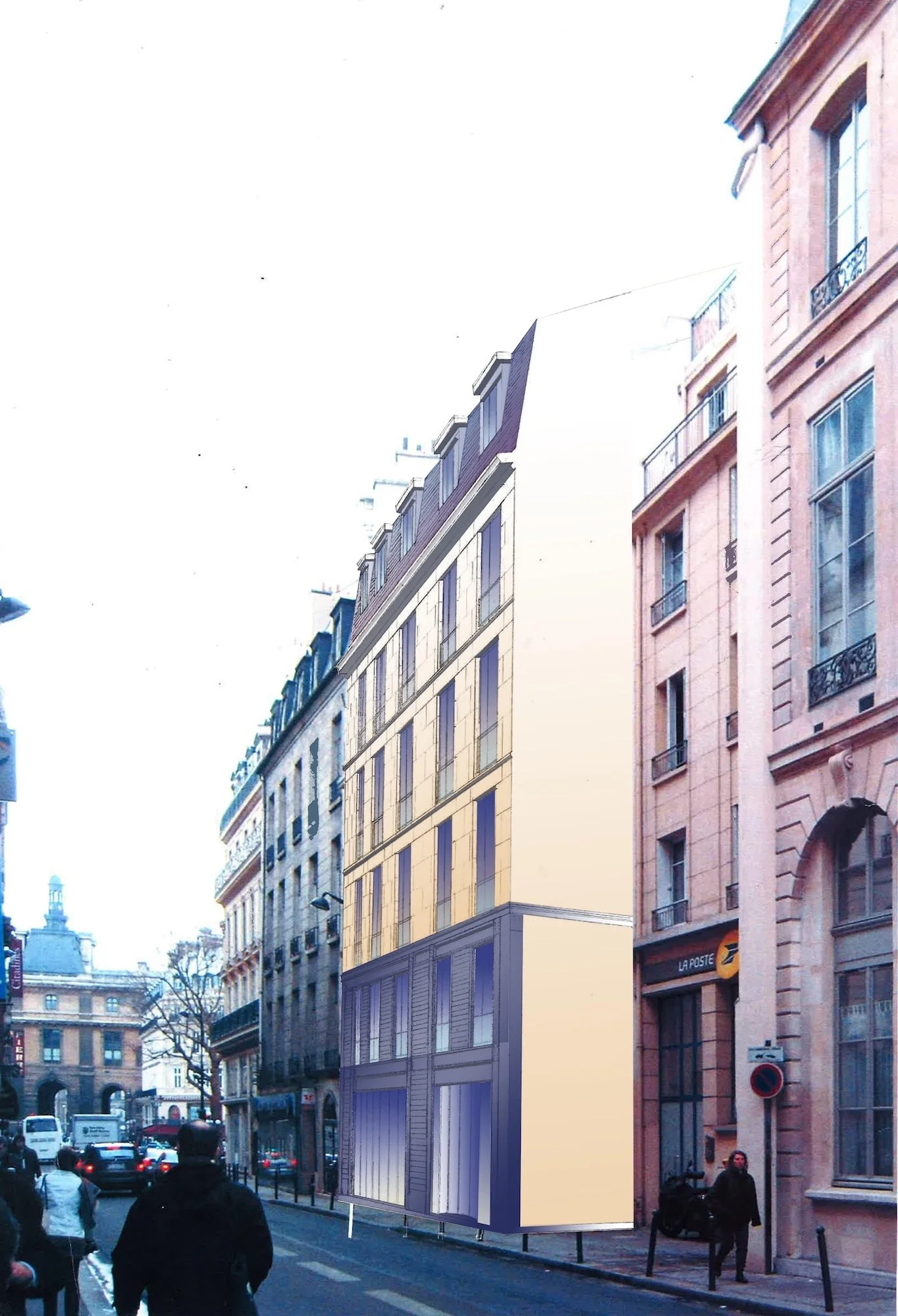 A hotel infill project drafted in autoCAD and rendered in Photoshop during my summer internship at ARCAS, Paris.