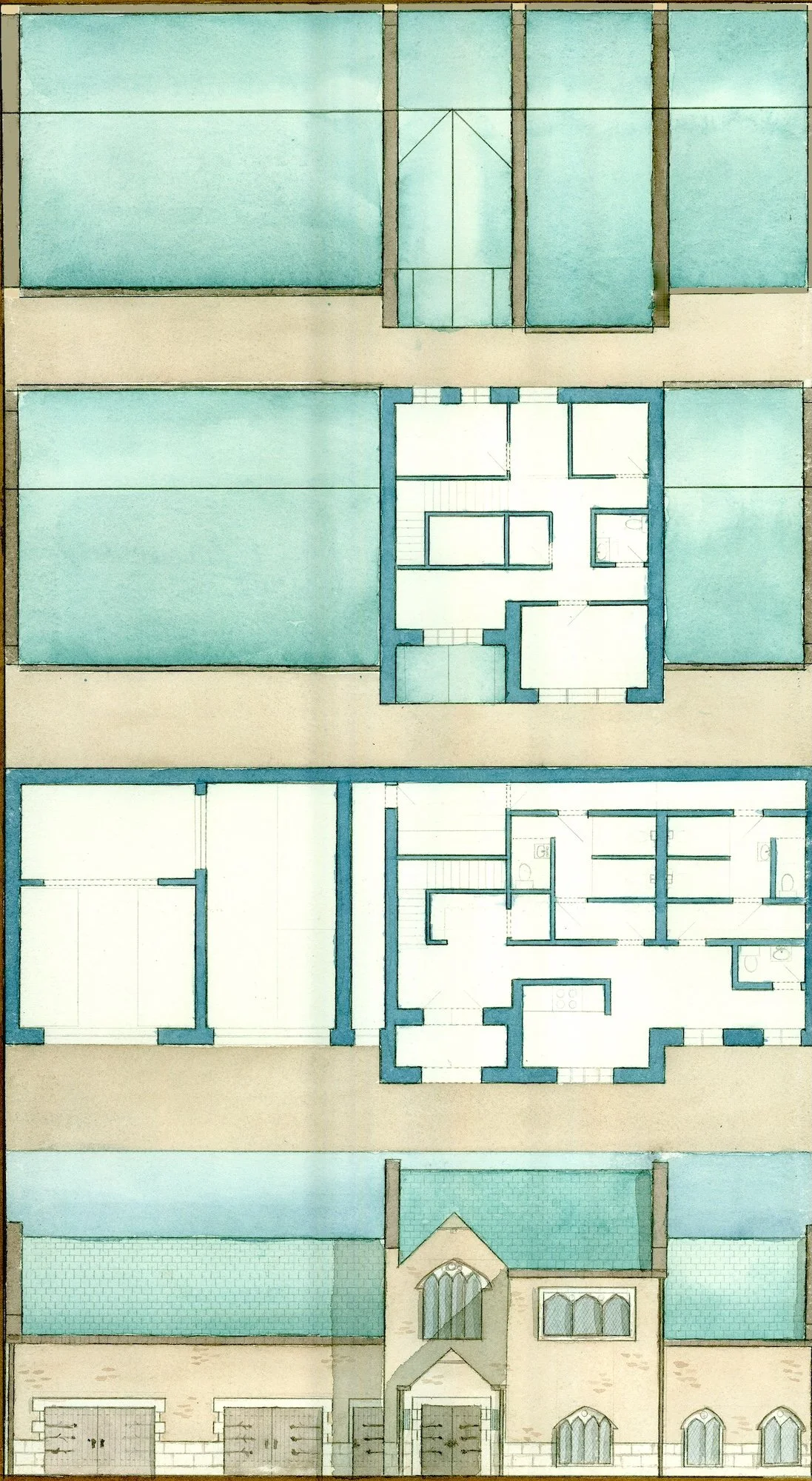 Architectural watercolor of a proposed Notre Dame boat house.