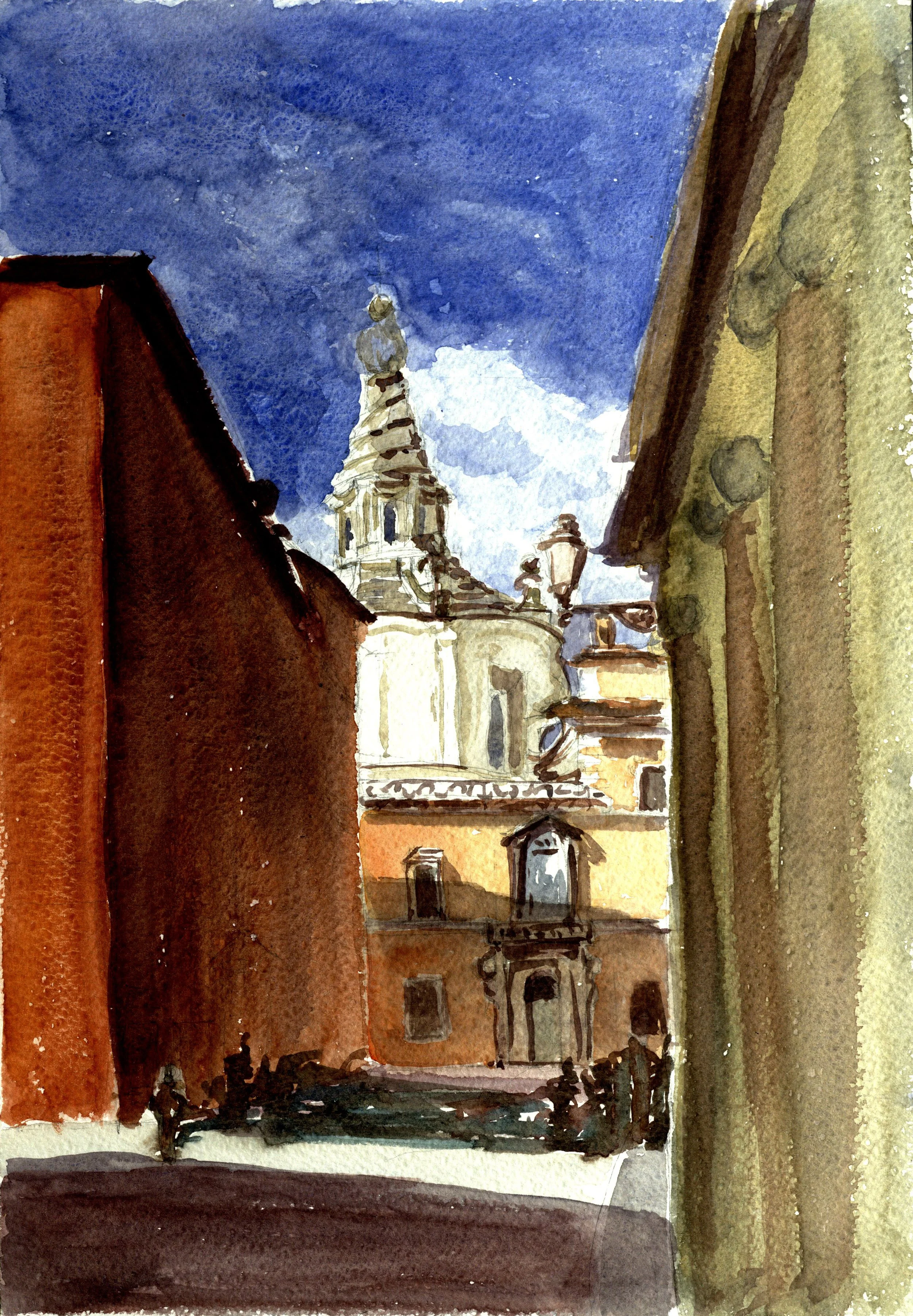Freehand watercolor of Sant'Ivo alla Sapienza in the morning in Rome, Italy