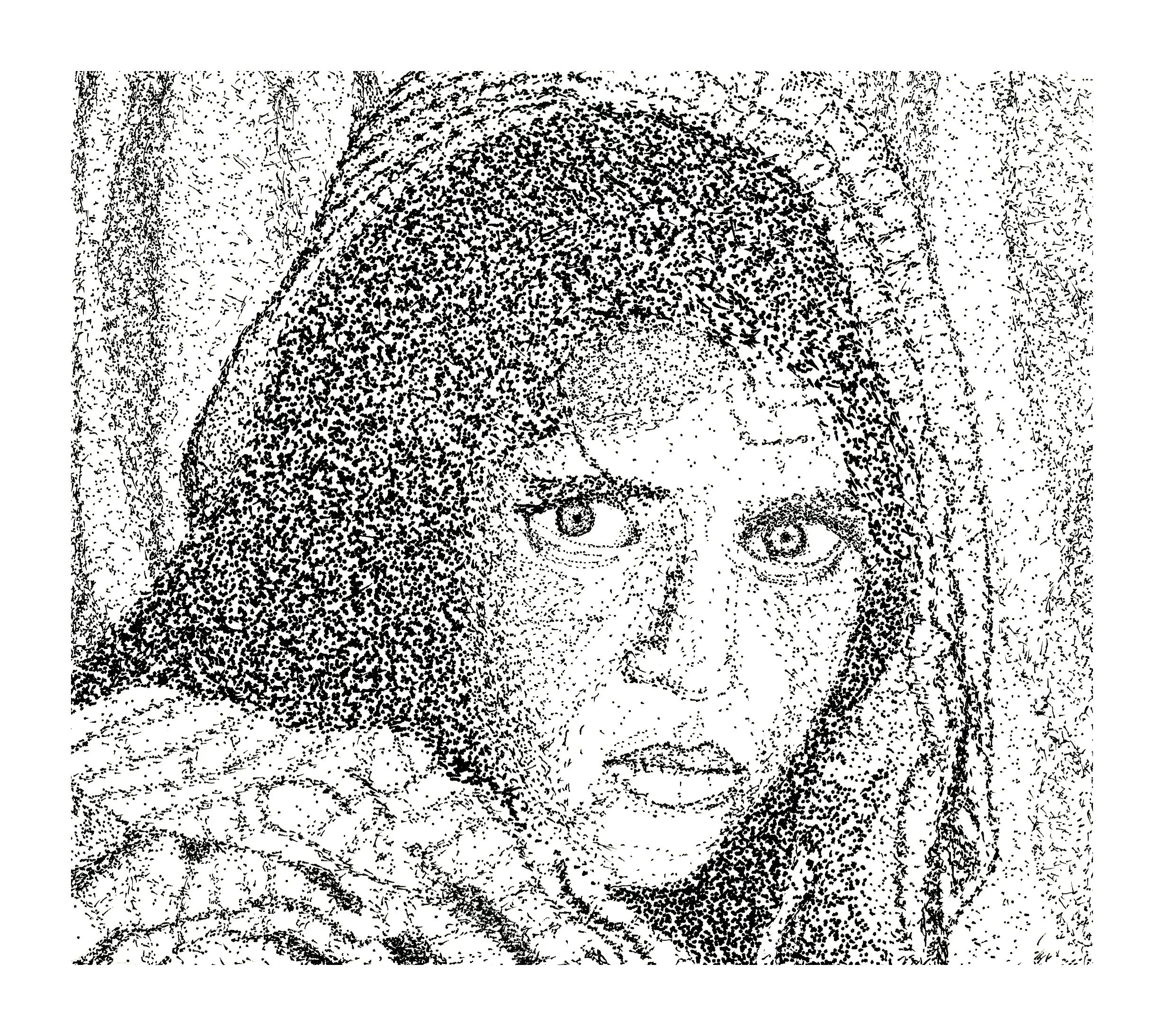 Black and white pointillism of The Afghan Girl