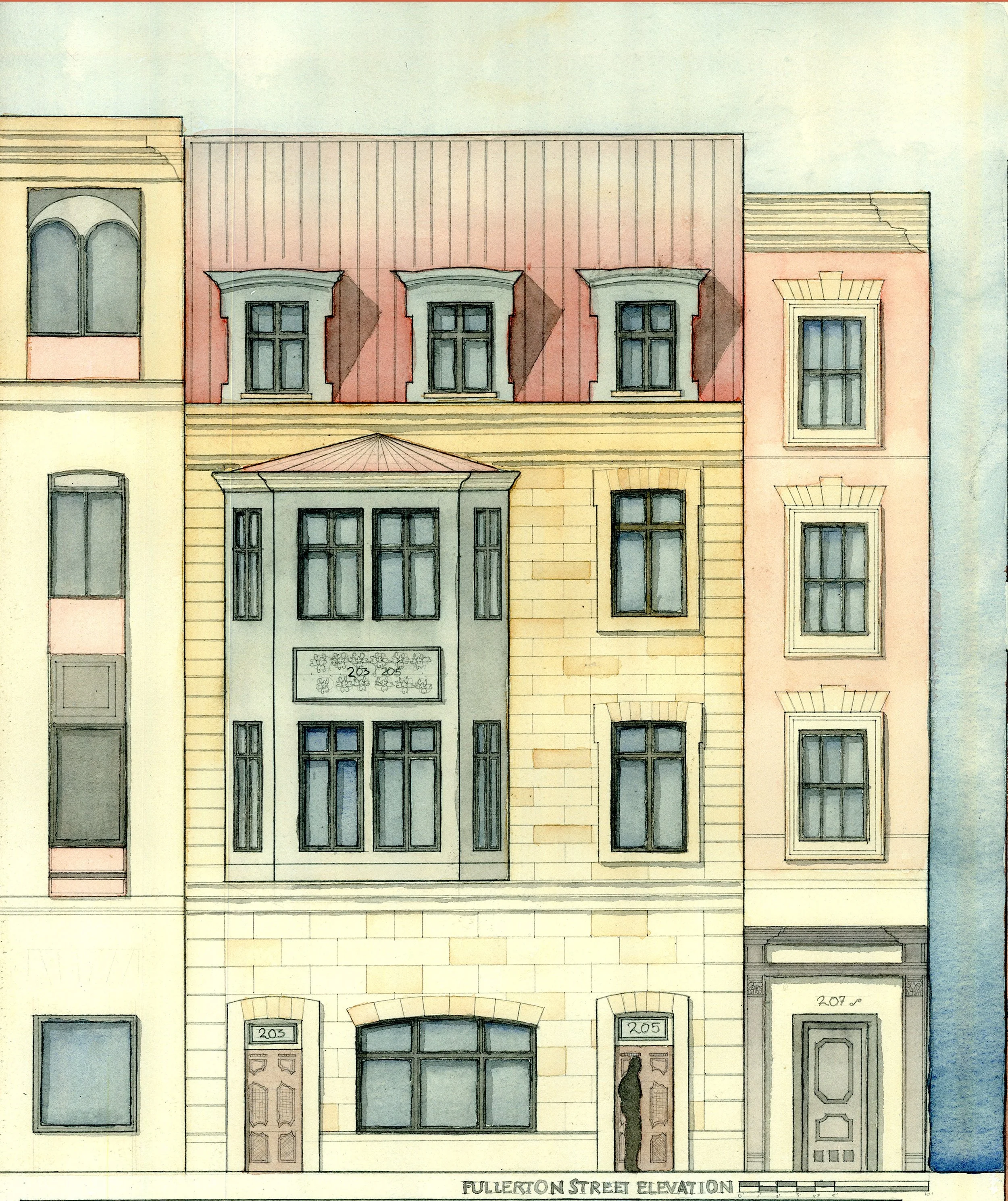 Architectural elevation drawing of a multi-story building front elevation for an architecture school townhome design project in Lincoln Park, Chicago.
