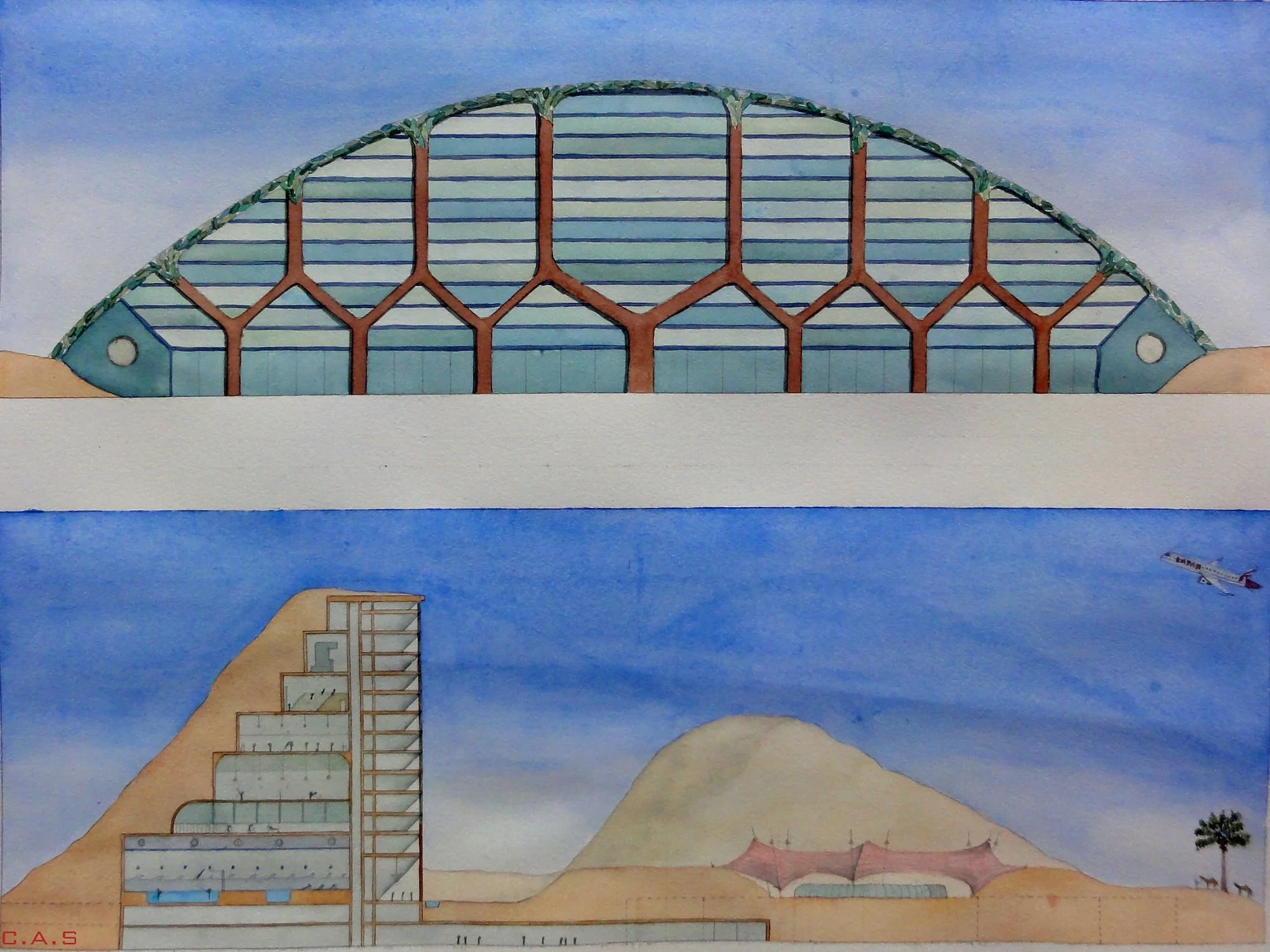 A hand-drafted and water colored rendered elevation and section for a World Cup design competition completed during my summer internship at ARCAS, Paris.