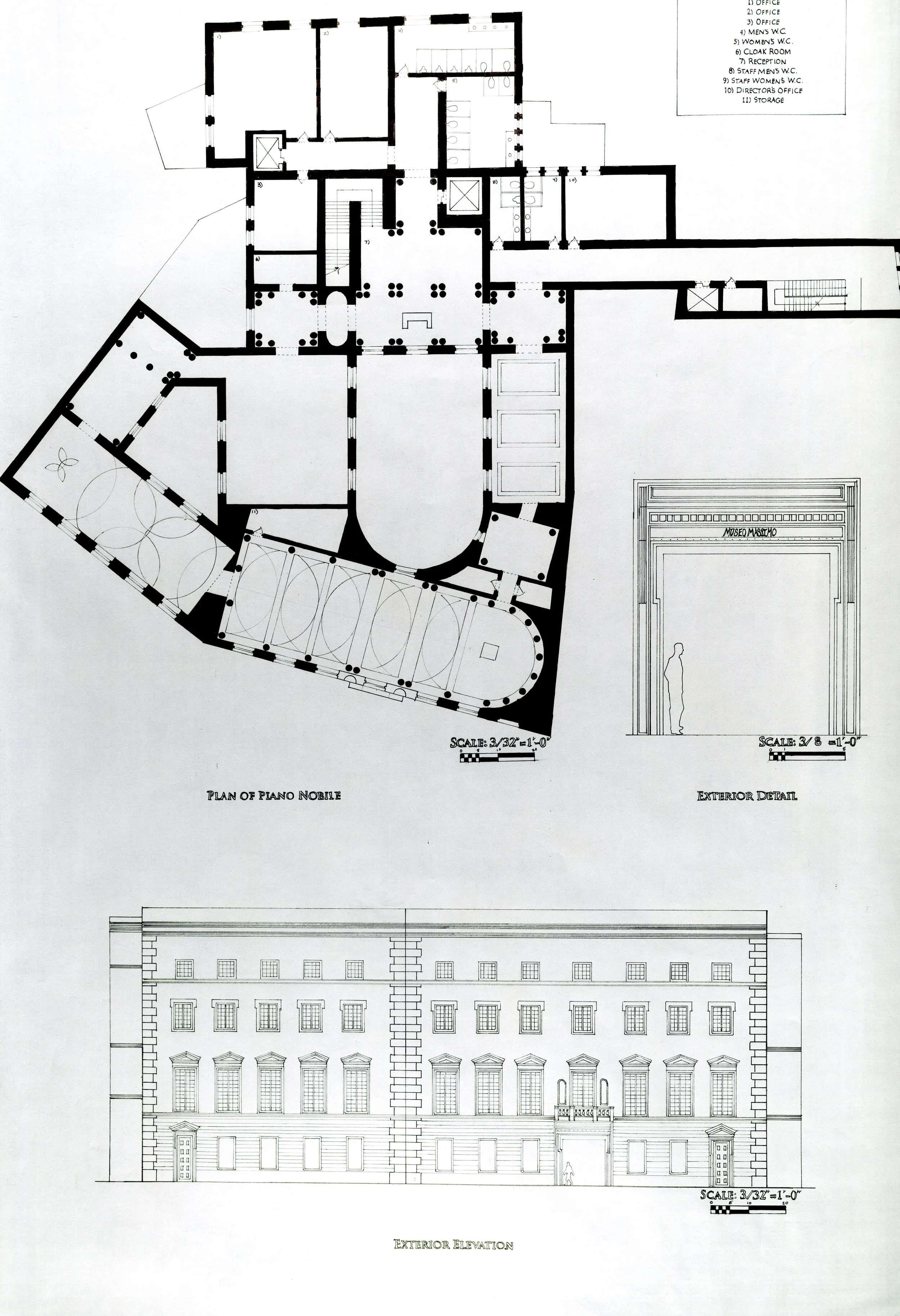 An architectural floor plan and elevation study of Palazzo Massimo in Rome, Italy.