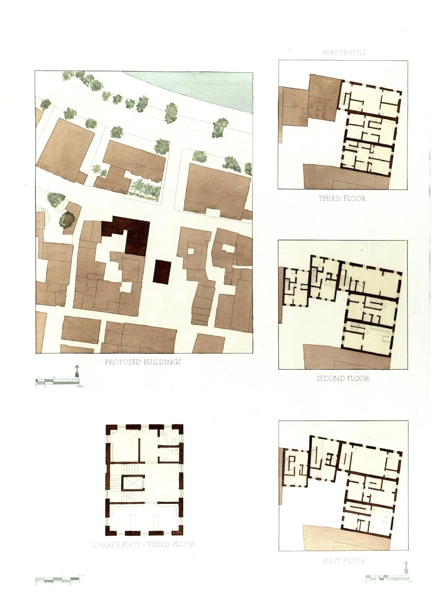Hand drafted and watercolor rendered architectural plans and site layout for proposed infill building in Trastevere during my year studying abroad in Rome.