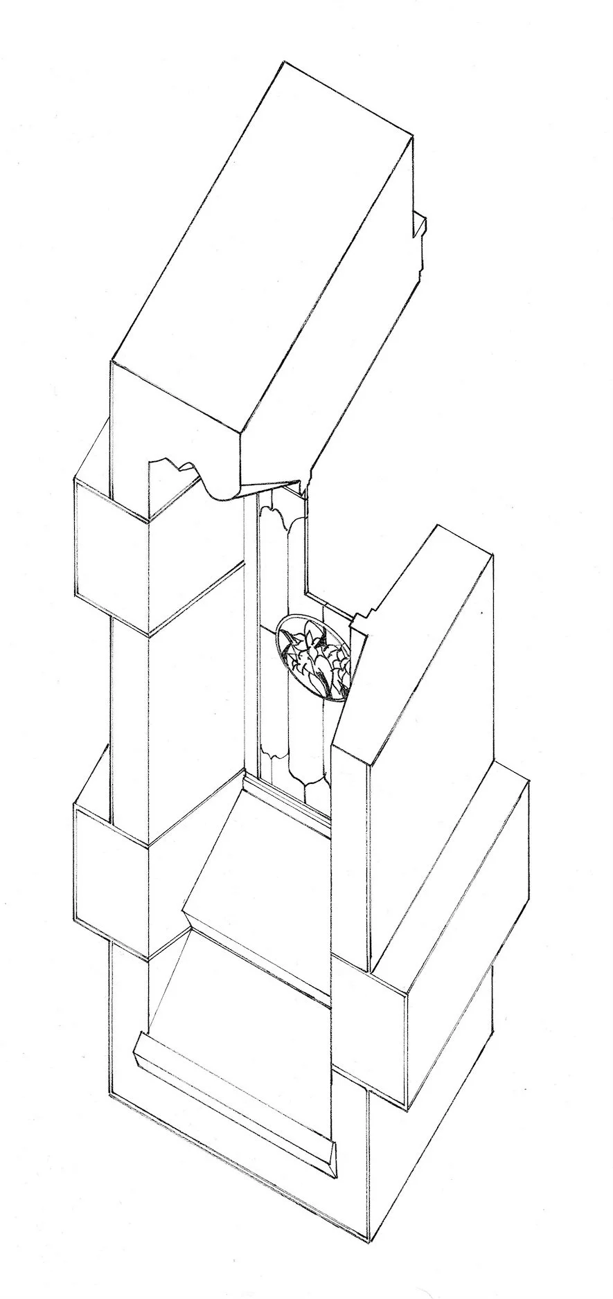 A cutaway axonometric of a Notre Dame chapel window