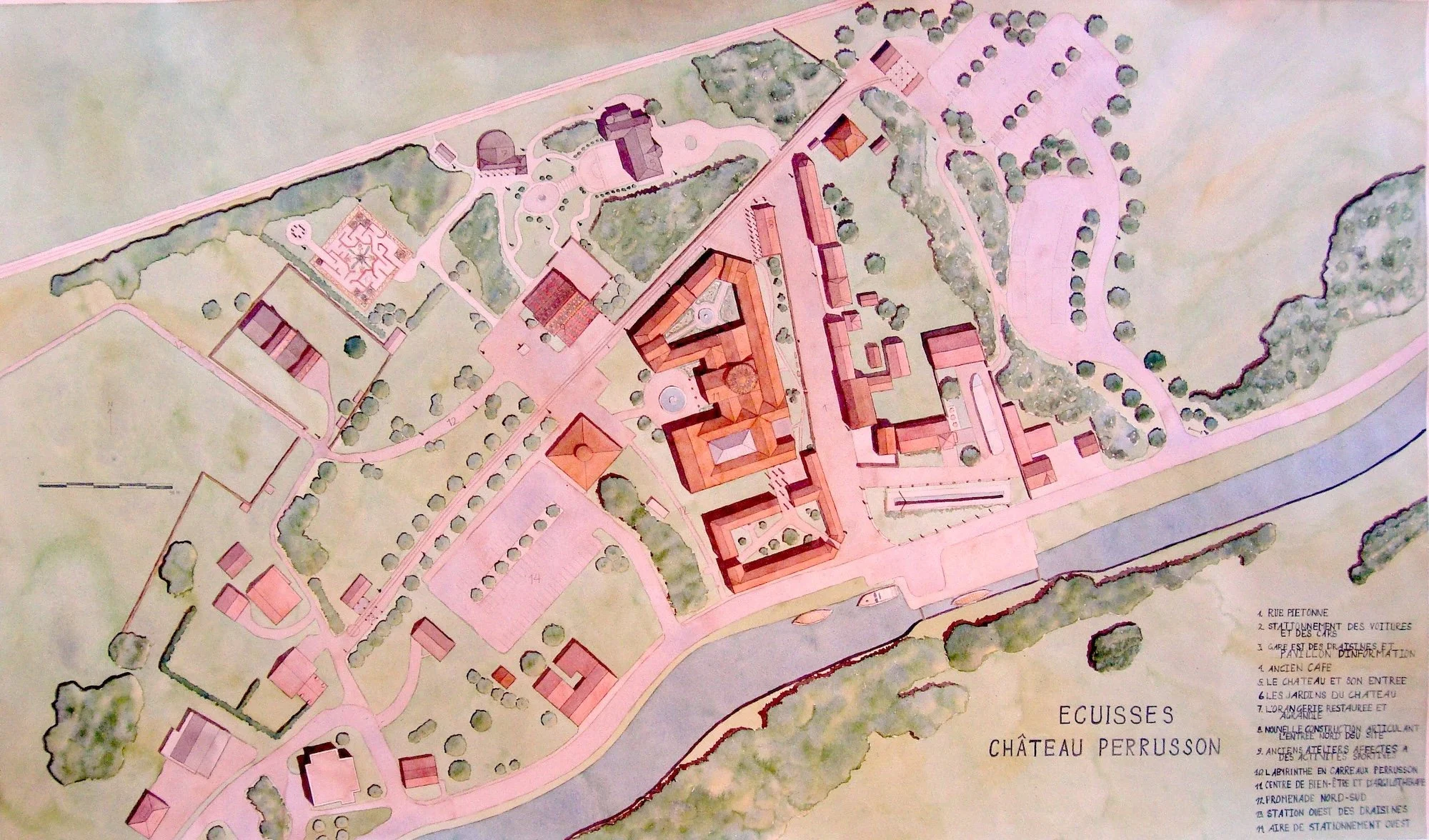 A hand-drafted and water colored rendered town plan of Château Perrusson completed during my summer internship at ARCAS, Paris.