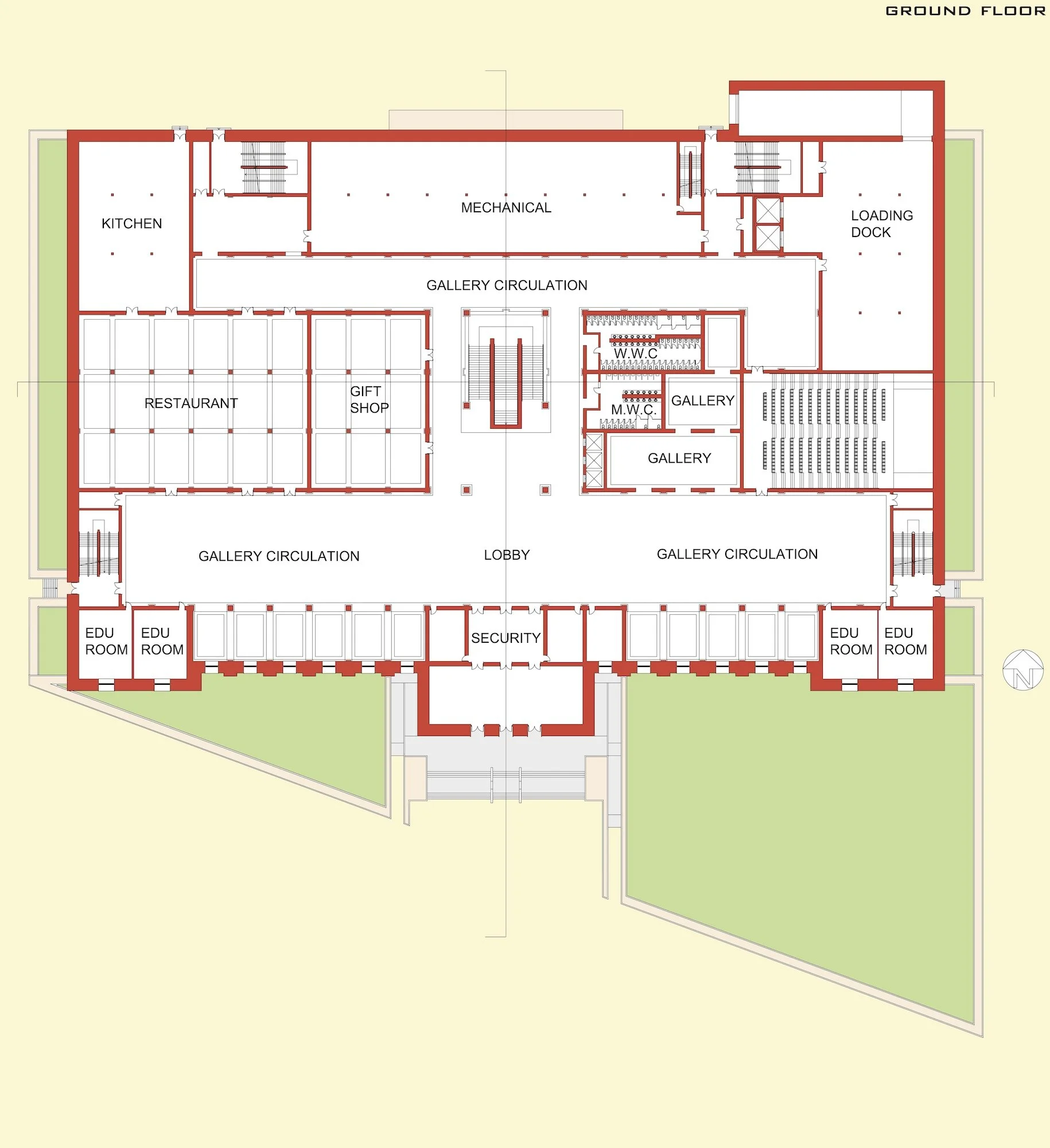 Washington, DC plan for a proposed museum for design studio at Notre Dame. Drafted using AutoCAD and rendered using Photoshop.