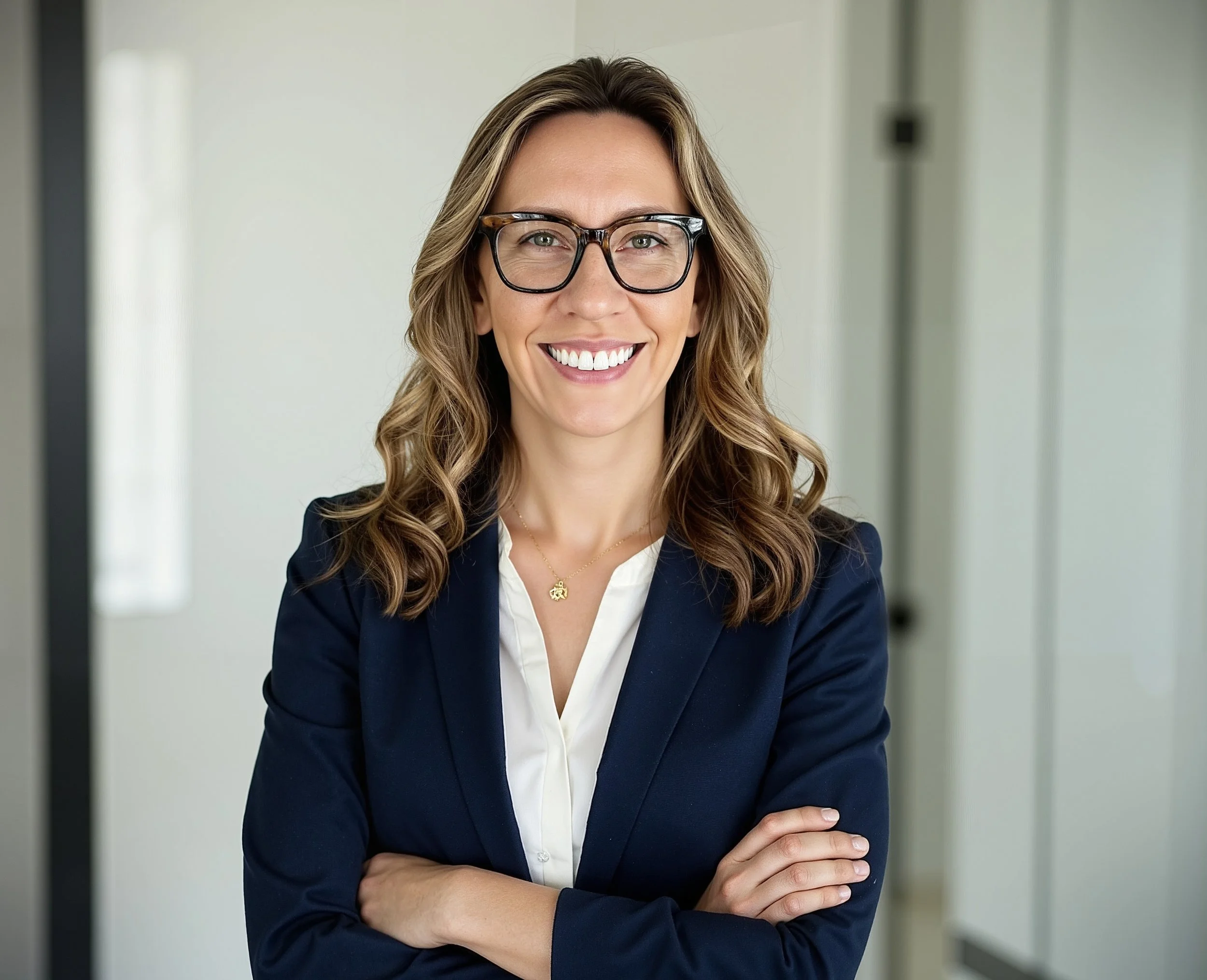 A female architect and MBA with long wavy hair wearing glasses, a white shirt, and a dark blazer, smiling in an office setting.