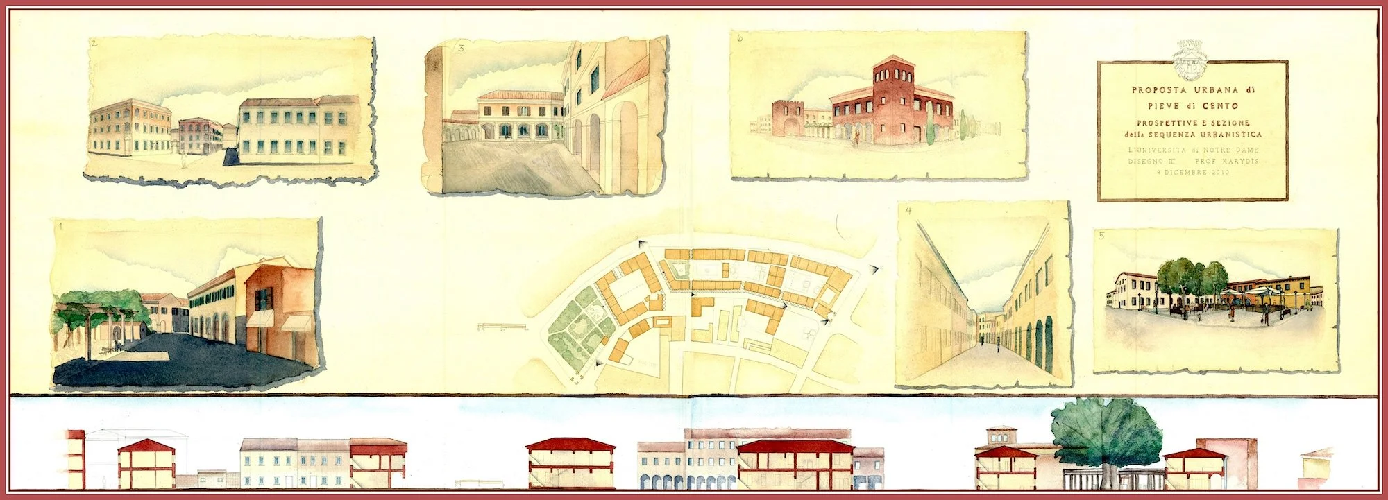 Hand-drafted and watercolored urban buildings, streets, and a site plan for a proposed development in Pieve di Cento, Italy completed during architecture design studio in Rome while attending Notre Dame