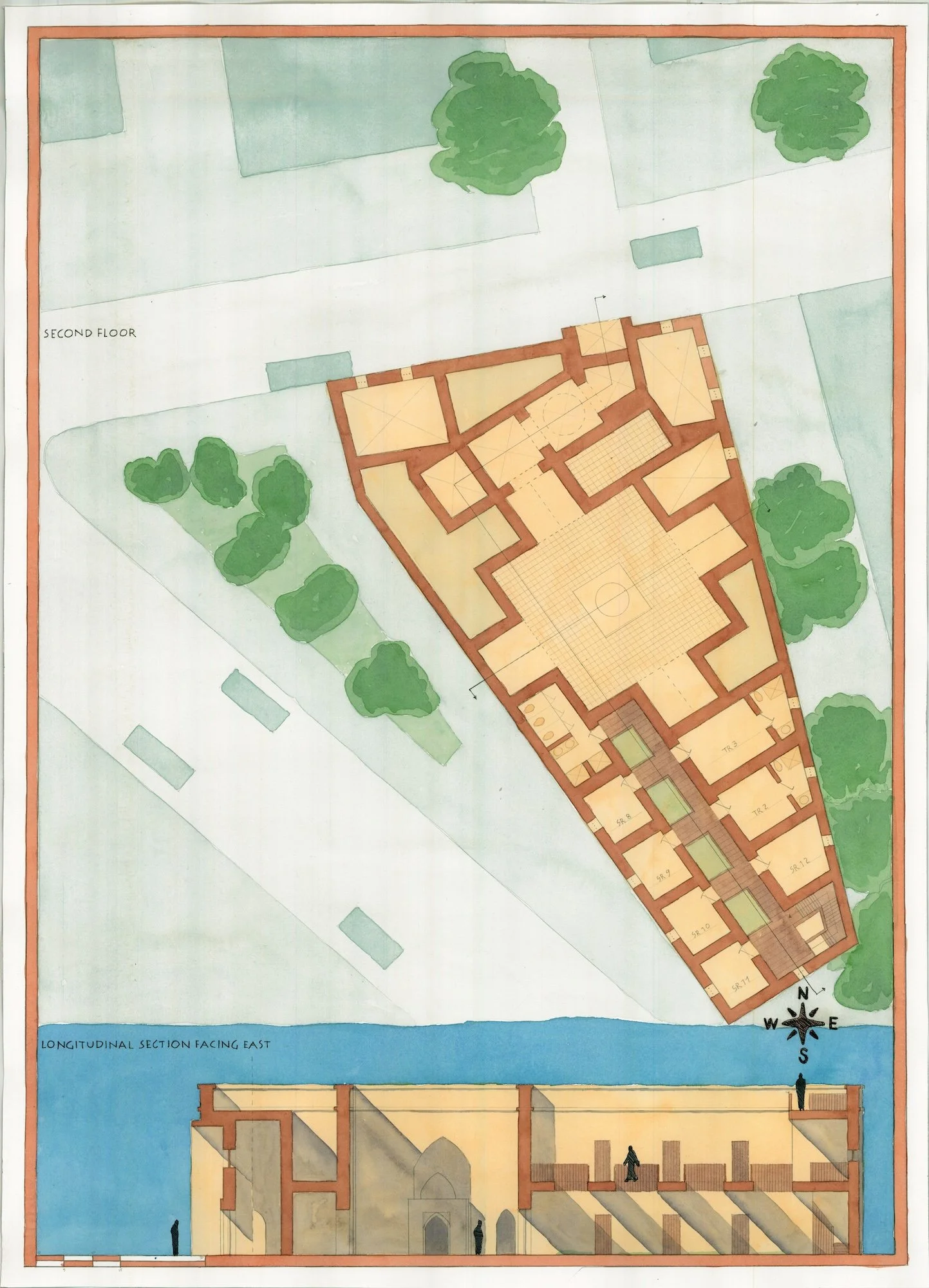 Hand drafted and water color rendered floor plan and section of a Madrassa for a design studio at Notre Dame