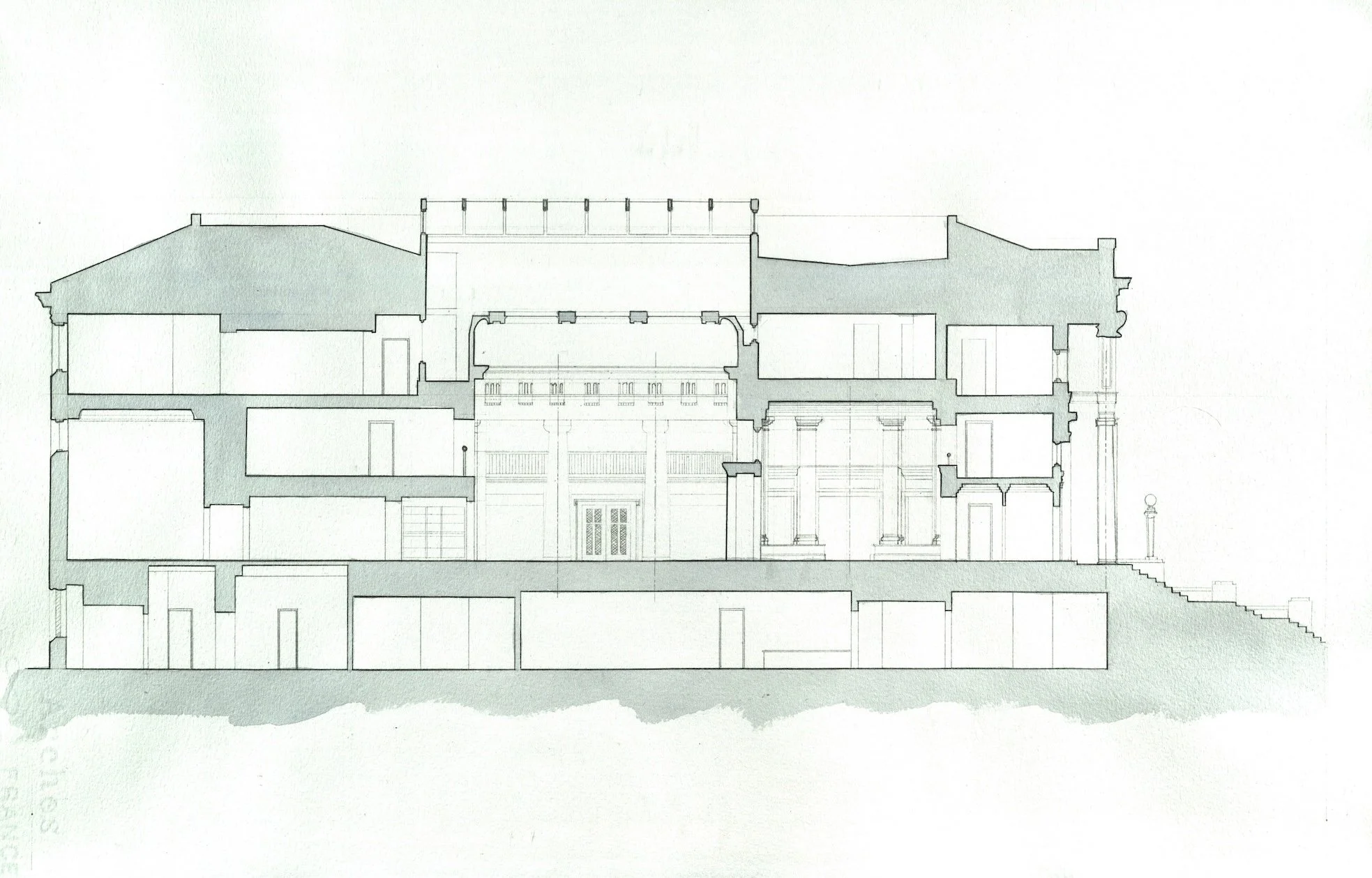 A hand-drafted and monochrome watercolored section of Bond Hall, which was the School of Architecture building at Notre Dame when I attended