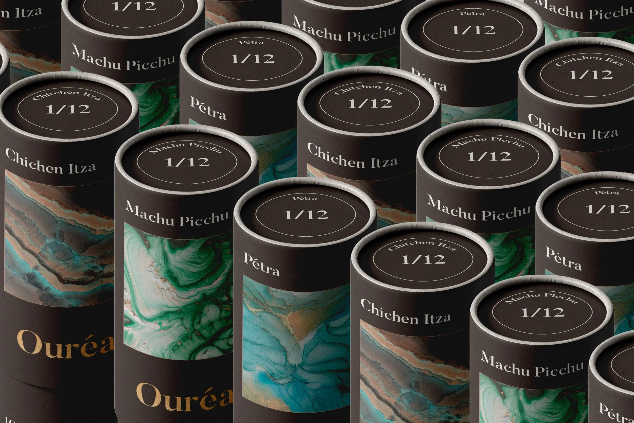 Multiple black cans labeled 'Chichen Itza 1/12' and 'Pétra 1/12', arranged in a pattern with green and brown marbled backgrounds.
