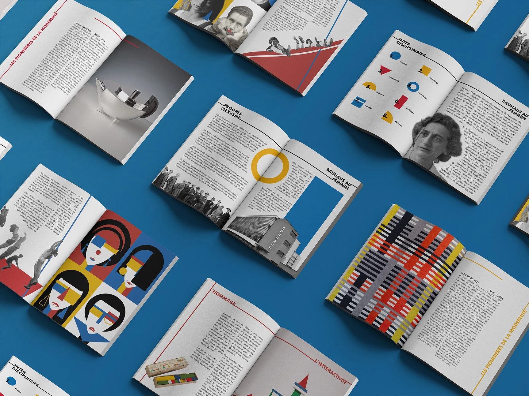 Livres ouverts sur une surface bleue, contenant du texte, des images et des graphiques colorés, principalement en rouge, jaune, noir et blanc.