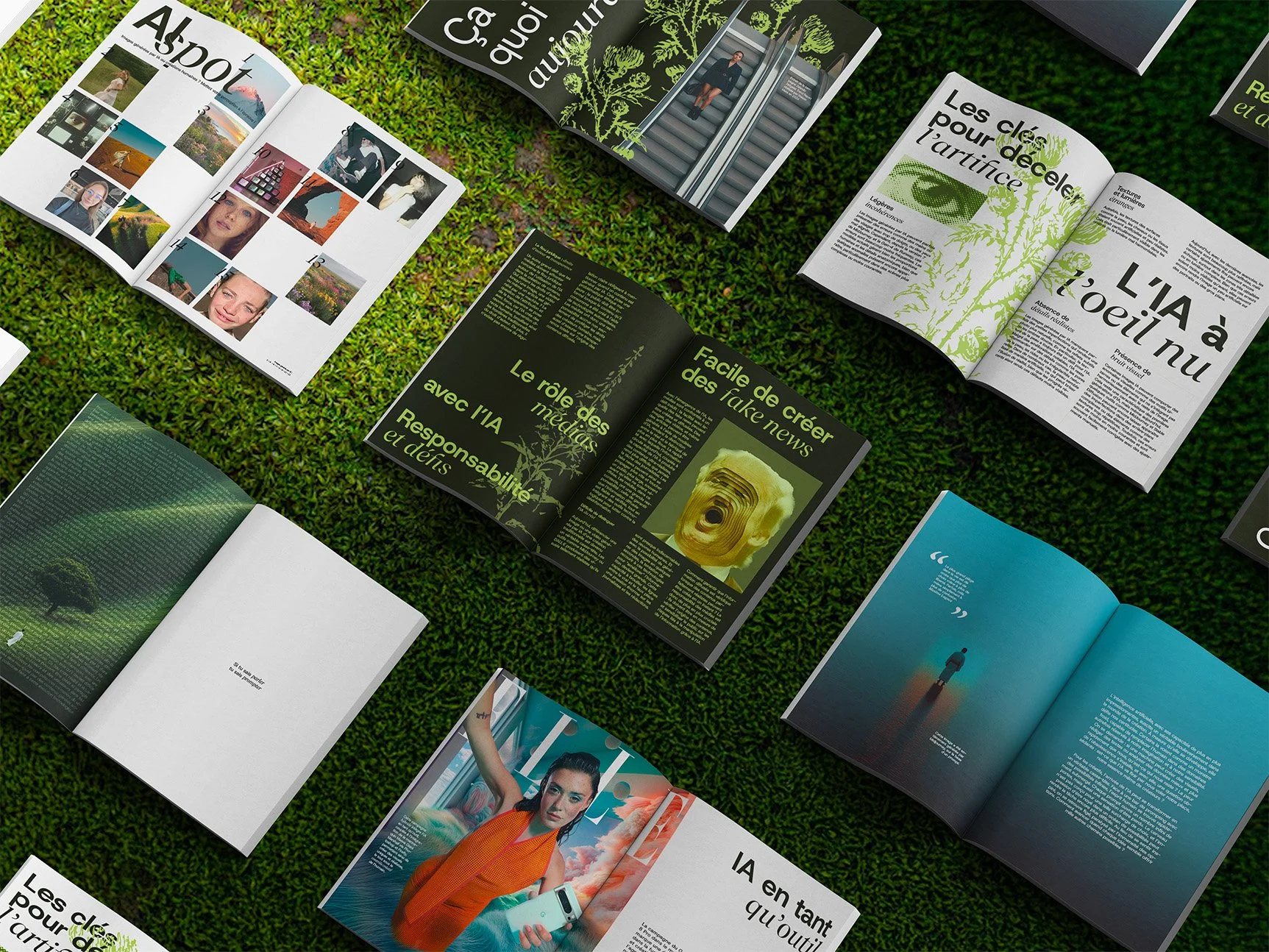 Différents magazines ouverts, exposés sur une surface recouverte d'herbe, présentant diverses images et textes en français.