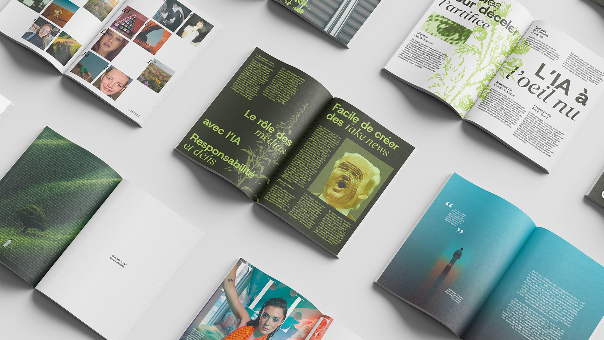 Différents magazines ouverts affichant des images et du texte, disposés sur une surface blanche, illustrant diverses thématiques telles que la photographie, la nature, l'art et la technologie.