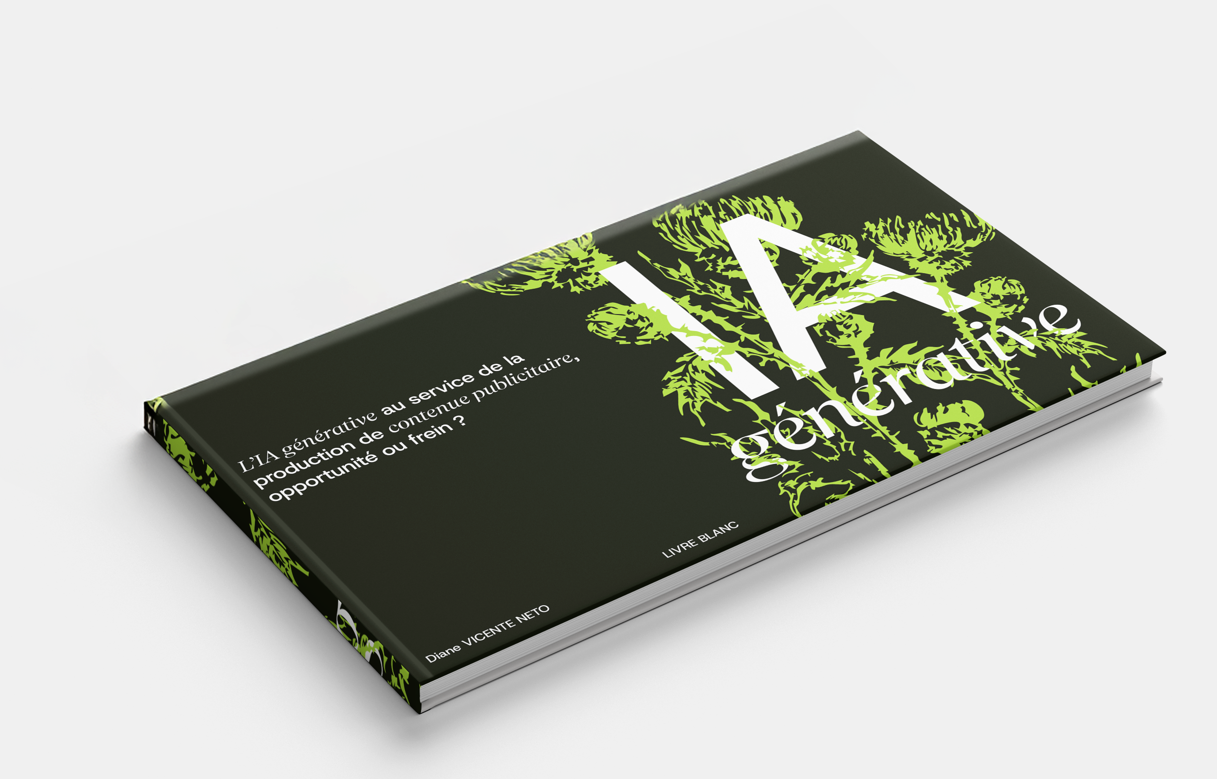 Couverture d'un livre blanc avec un fond noir, des illustrations de plantes en vert fluo et le titre en blanc.