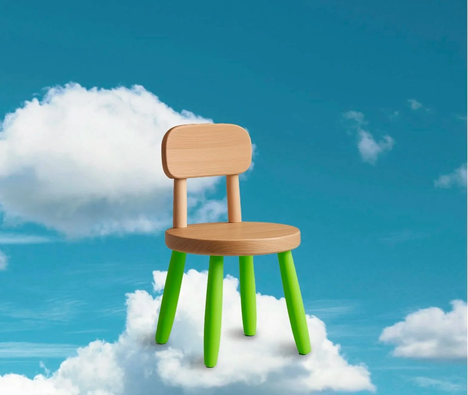 Chaise en bois clair avec des pieds verts, placée dans un ciel bleu avec des nuages