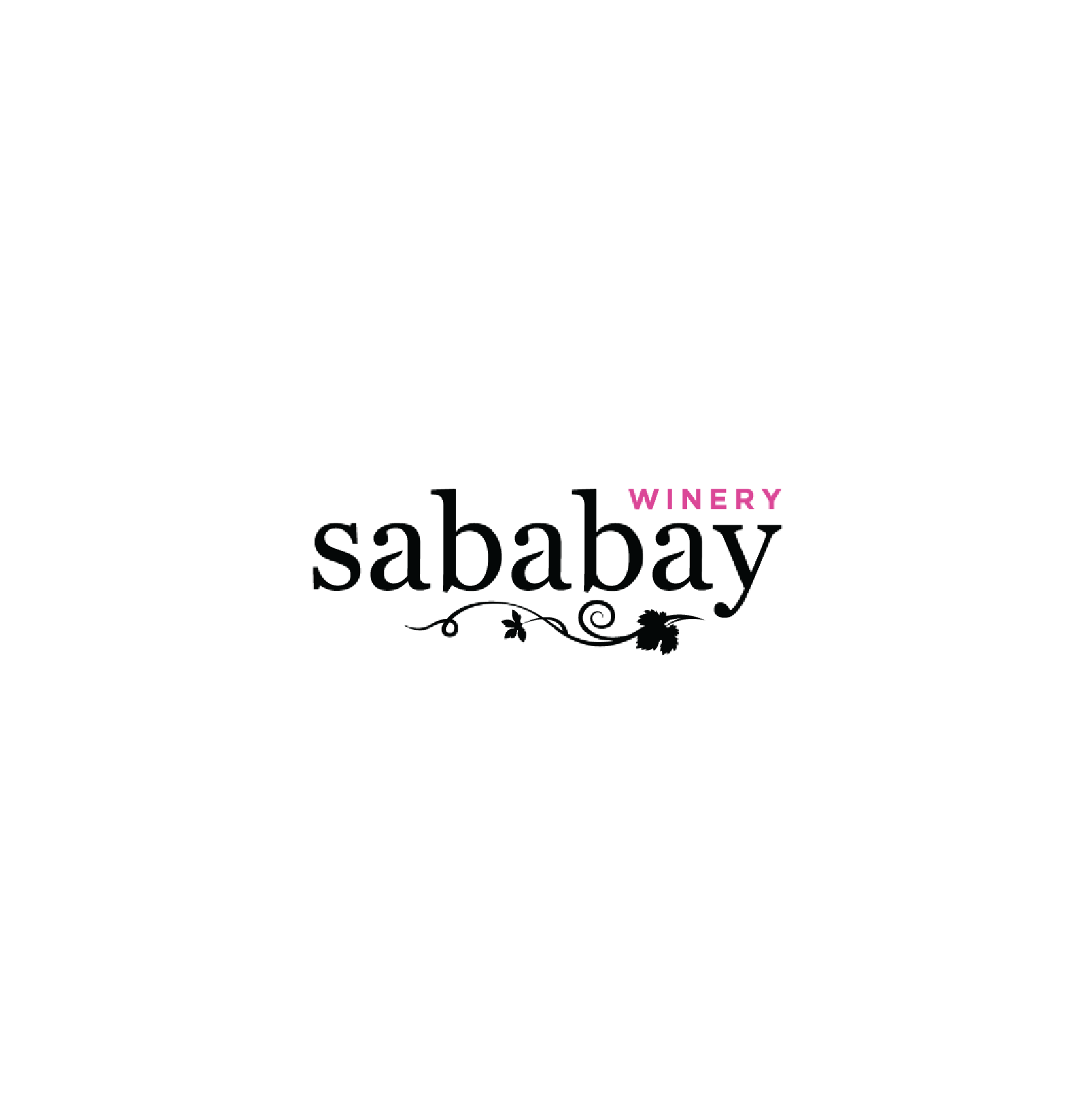 Logo of Sababay Winery with black and pink text and decorative black vine and leaf design