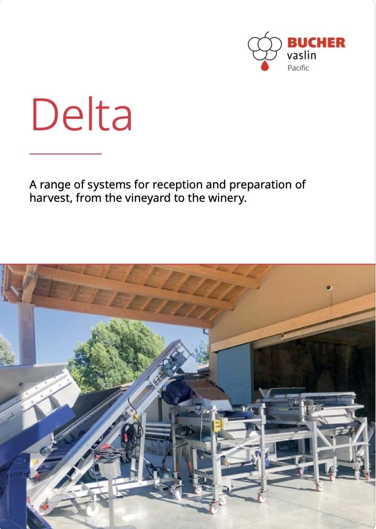 Cover page of a brochure titled 'Delta' by Bucher Vaslin Pacific, describing systems for vineyard harvest reception and preparation, featuring an outdoor setup with grape processing equipment.