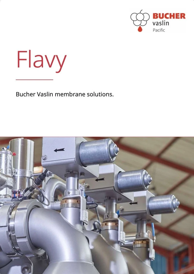 Industrial machinery with metallic pipes and components, part of Bucher Vaslin membrane solutions system.