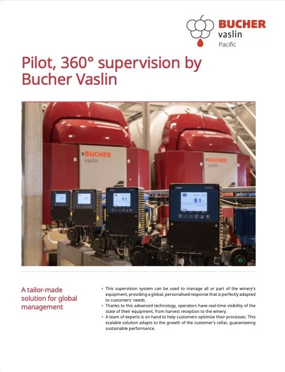 Image showing Bucher Vaslin's pilot 360-degree supervision system with red industrial equipment and multiple digital control panels.