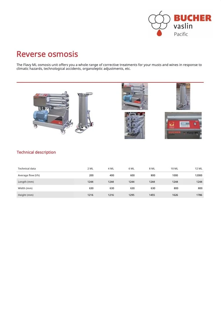 Product brochure for Bucher Vaslin's Flavy ML reverse osmosis unit, showing images and technical specifications.
