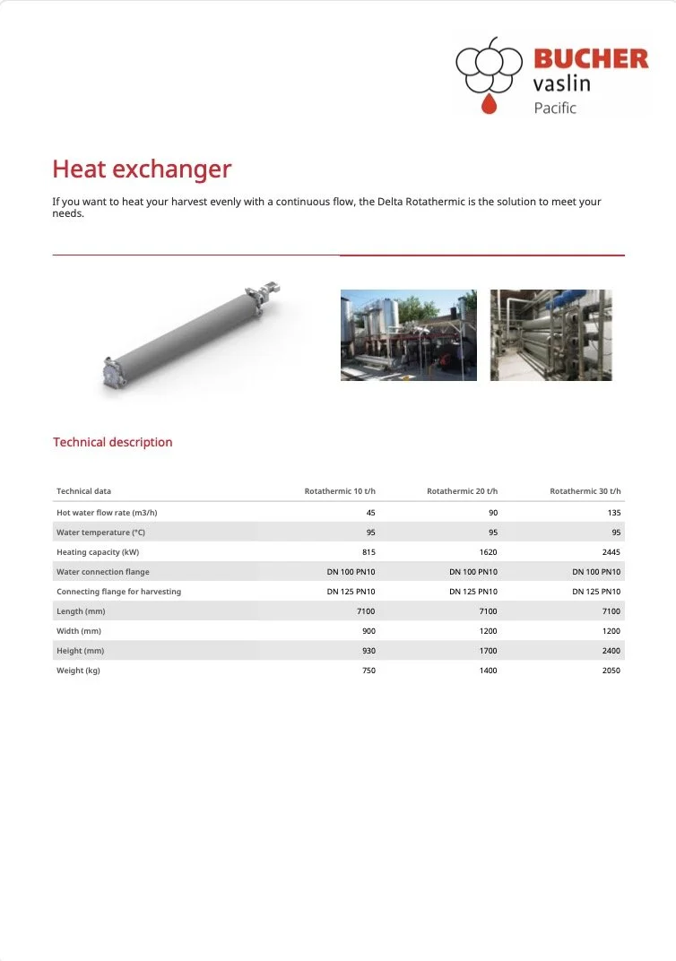 Technical datasheet for heat exchanger models from Bucher Vaslin Pacific, including images of the heat exchanger and industrial piping.