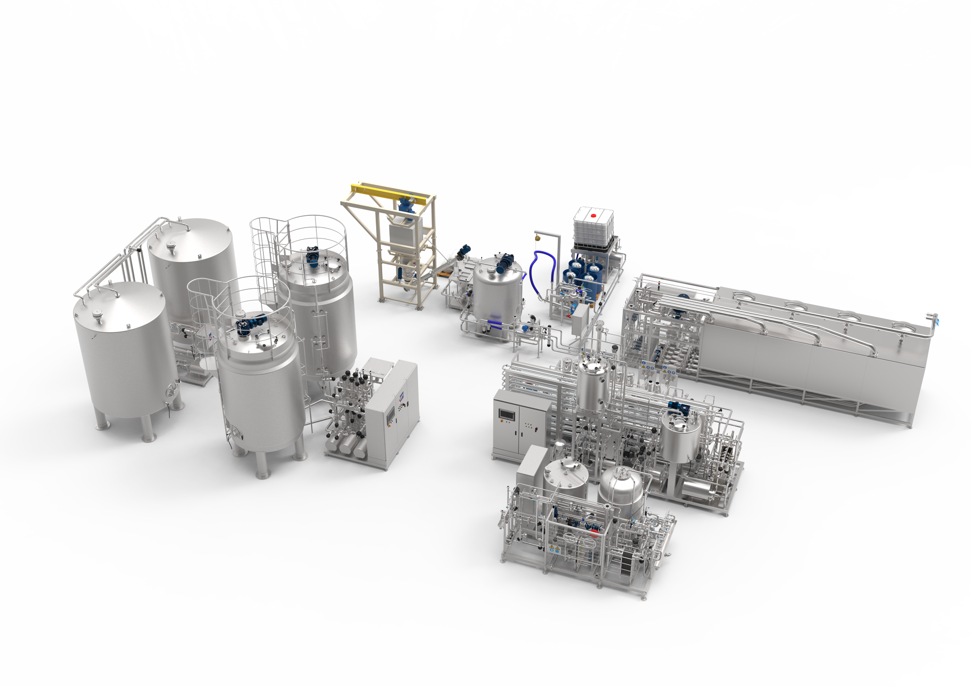 Industrial chemical processing equipment with multiple tanks, pipes, and control panels arranged in a factory setting.