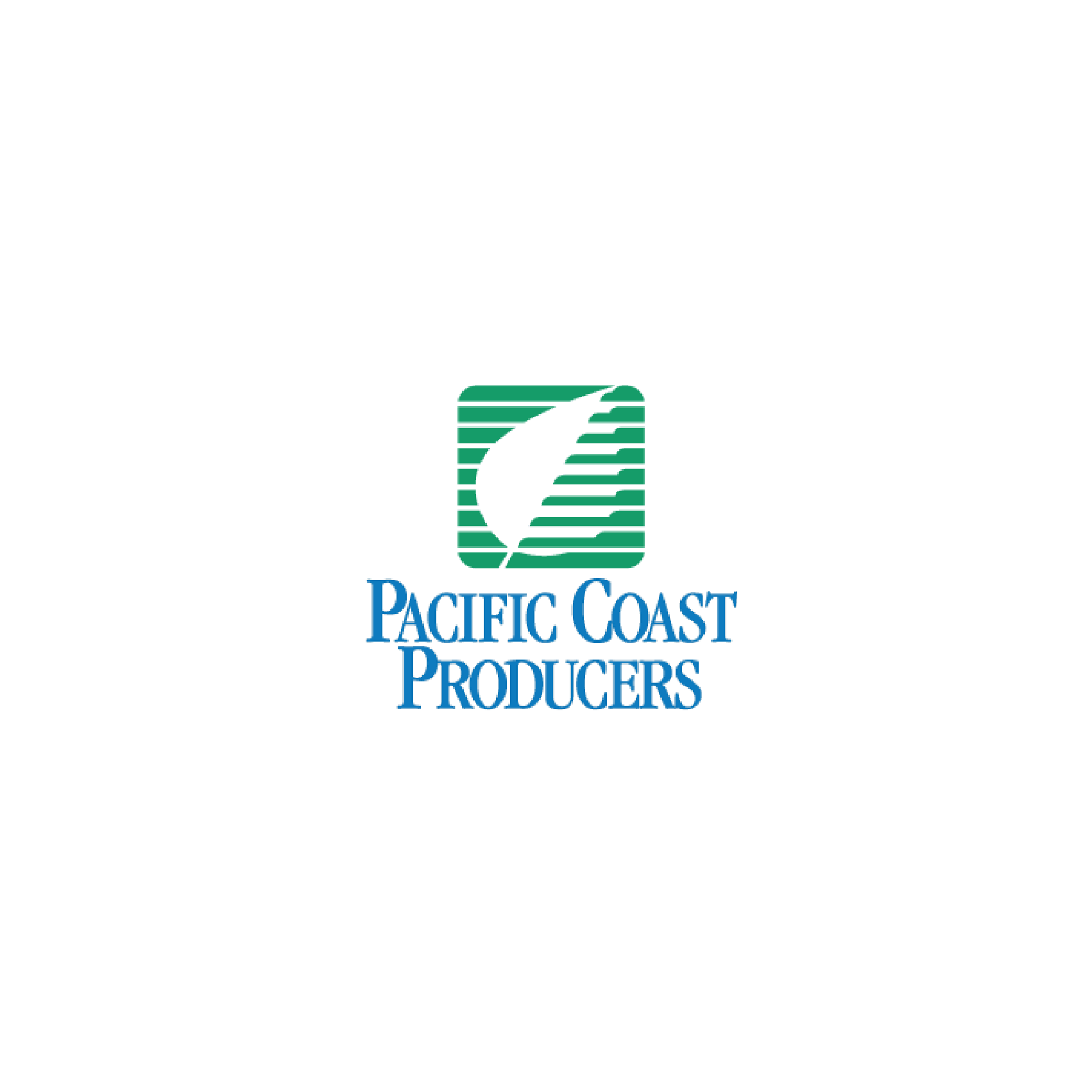 Logo of Pacific Coast Producers, featuring a stylized leaf and green horizontal lines above blue text.