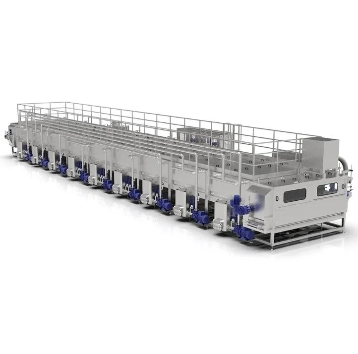 Industrial stainless steel machine with multiple blue motors, pipes, and safety railings