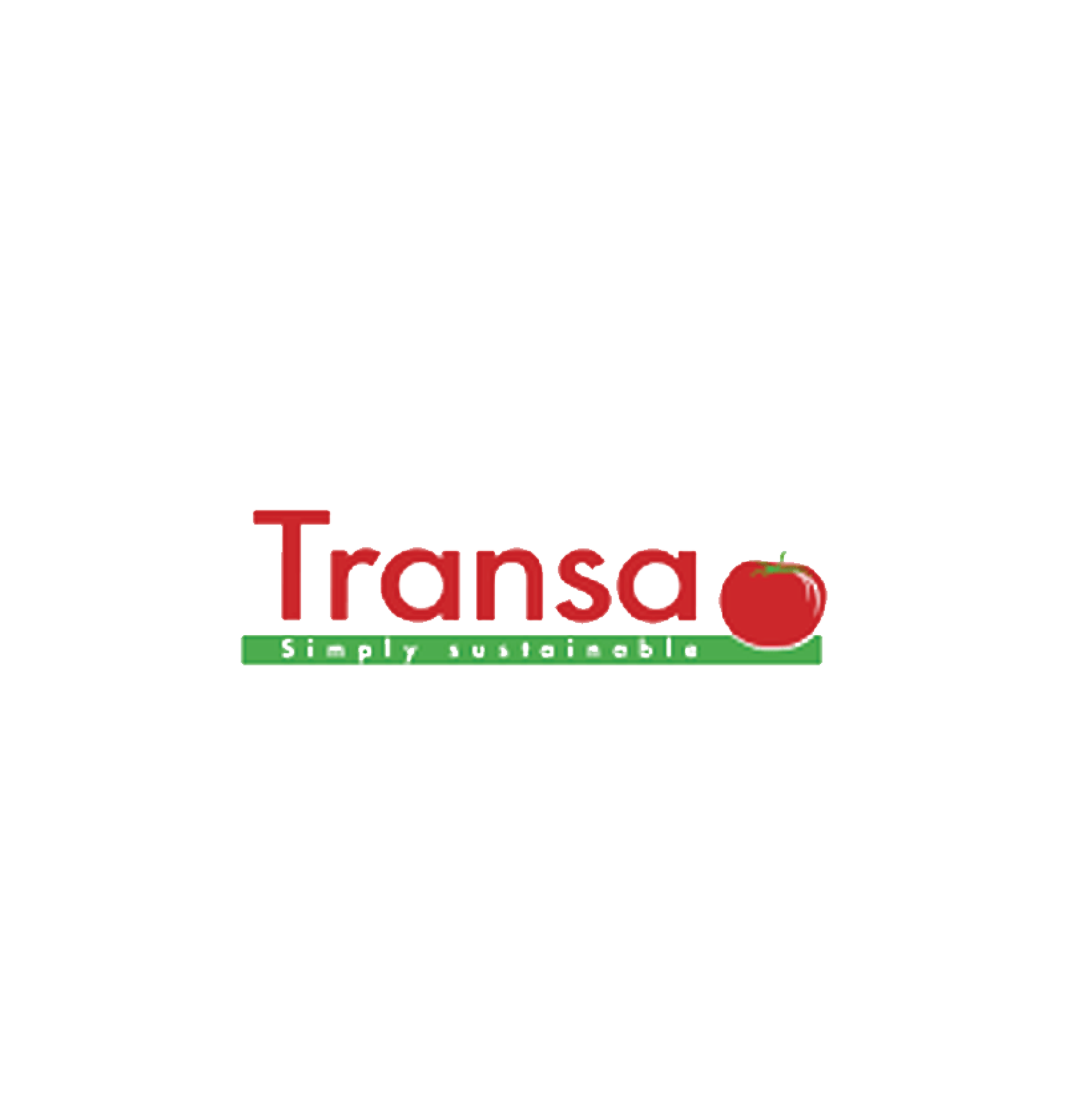 Logo for Transa with the slogan 'Simply, sustainable' and an illustration of a red apple.