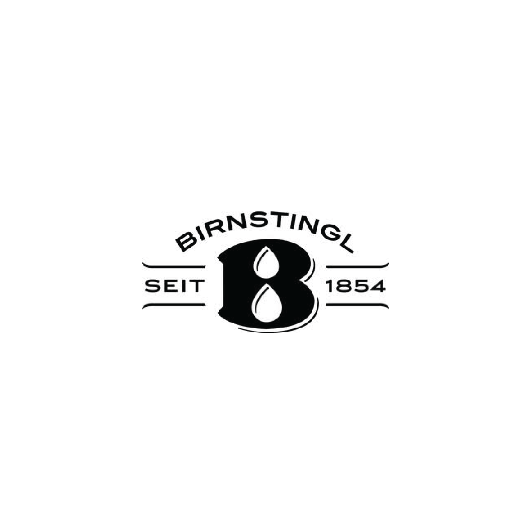 Black and white logo with the text 'BIRNSTINGL' at the top, 'SEIT 1854' on either side of the number 8, which features teardrop shapes inside, indicating the brand's history since 1854.