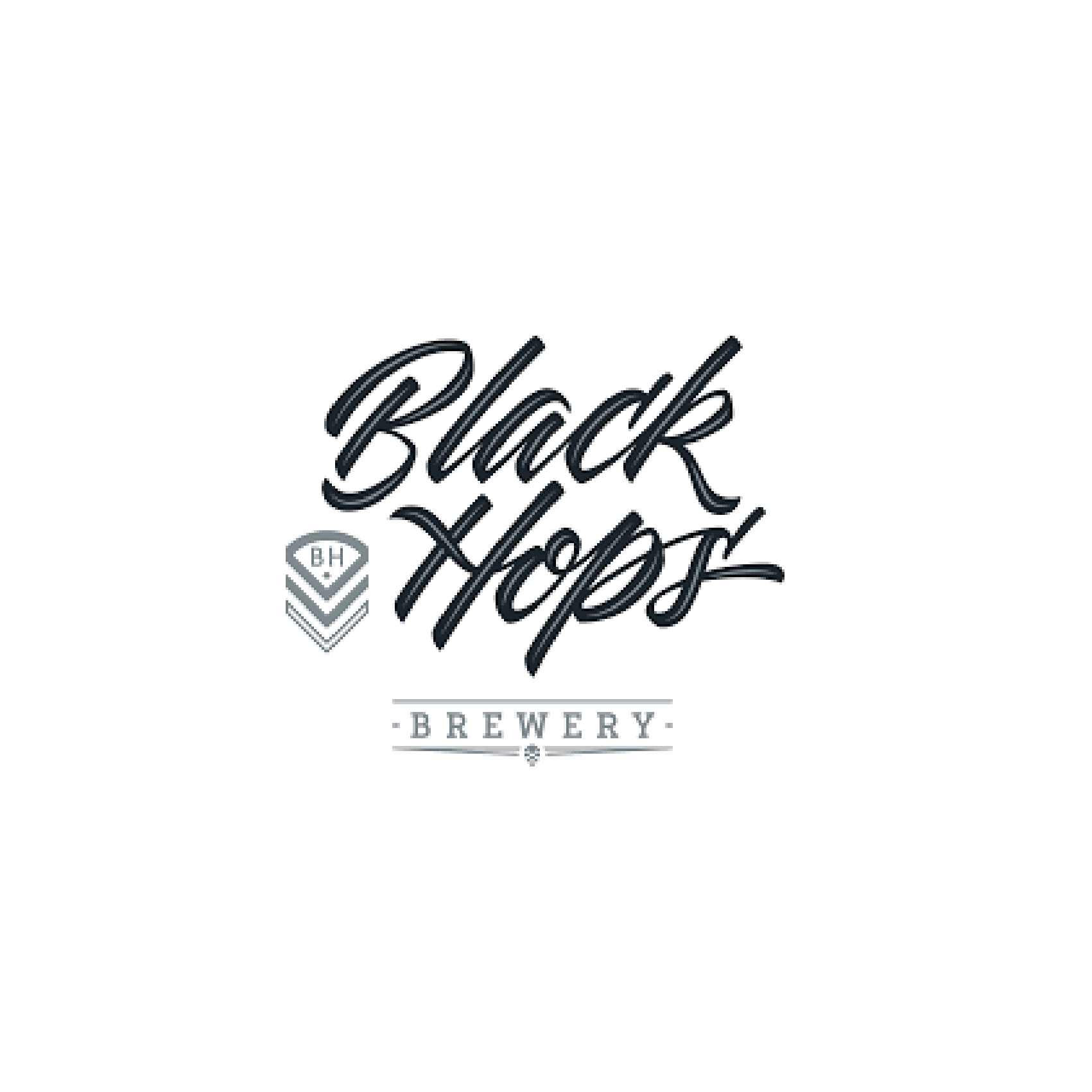 Black Hops Brewery logo in black cursive font with a small shield emblem containing the letters 'BH' to the left.
