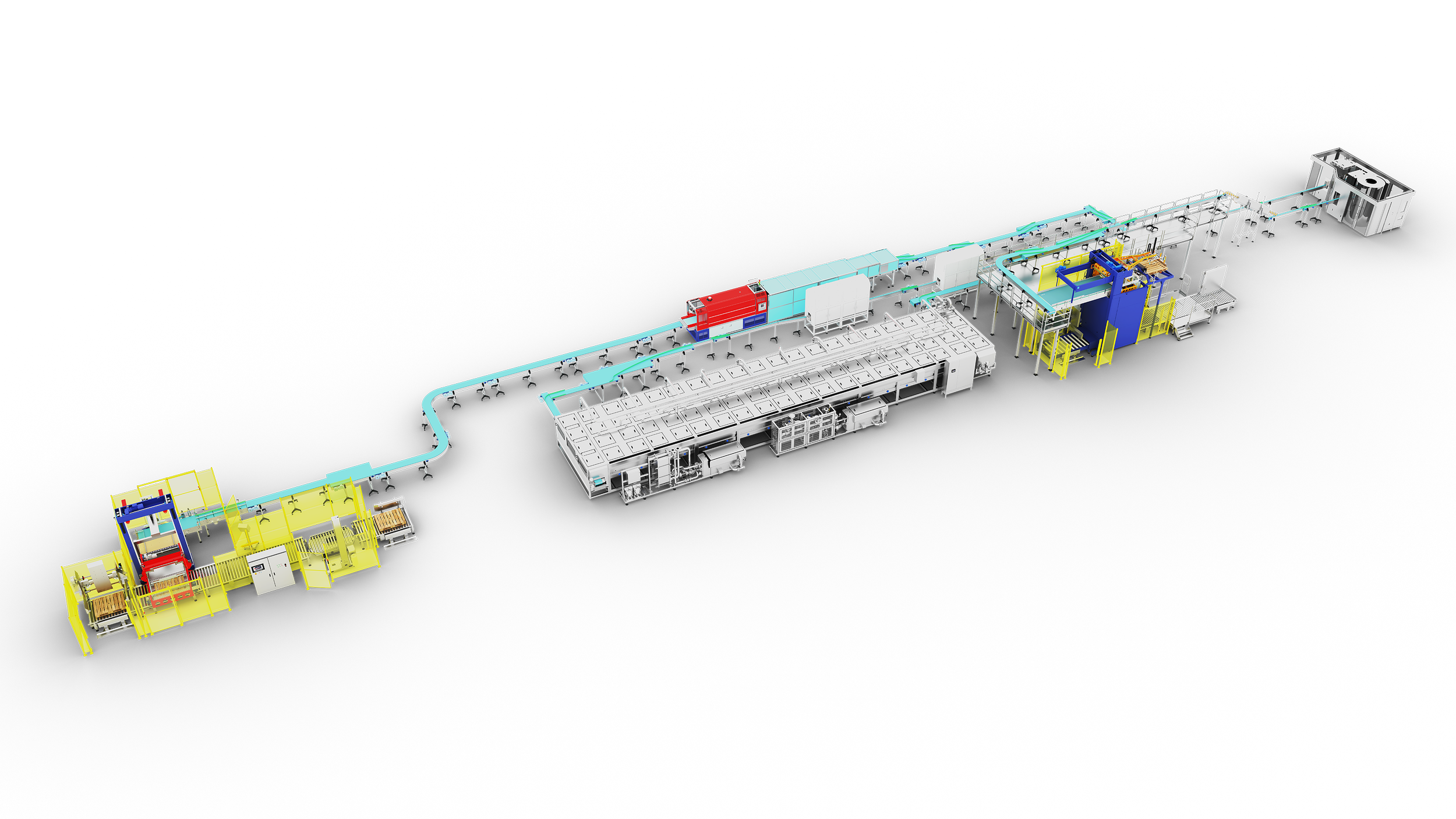 A detailed industrial manufacturing conveyor system with various sections, machinery, and colored components, set against a black background.