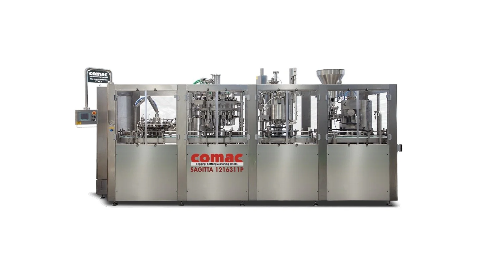 Industrial automatic filling and capping machine for beverage bottles, made of stainless steel.