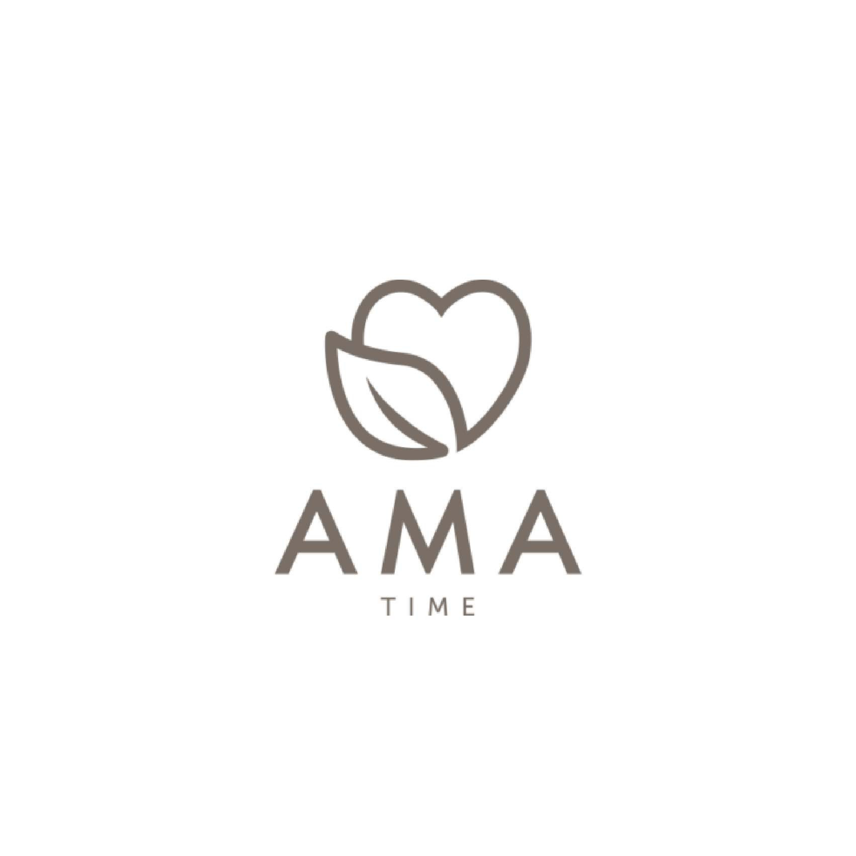 Minimalist logo with a heart and leaf icon, and the text 'AMA TIME' below.