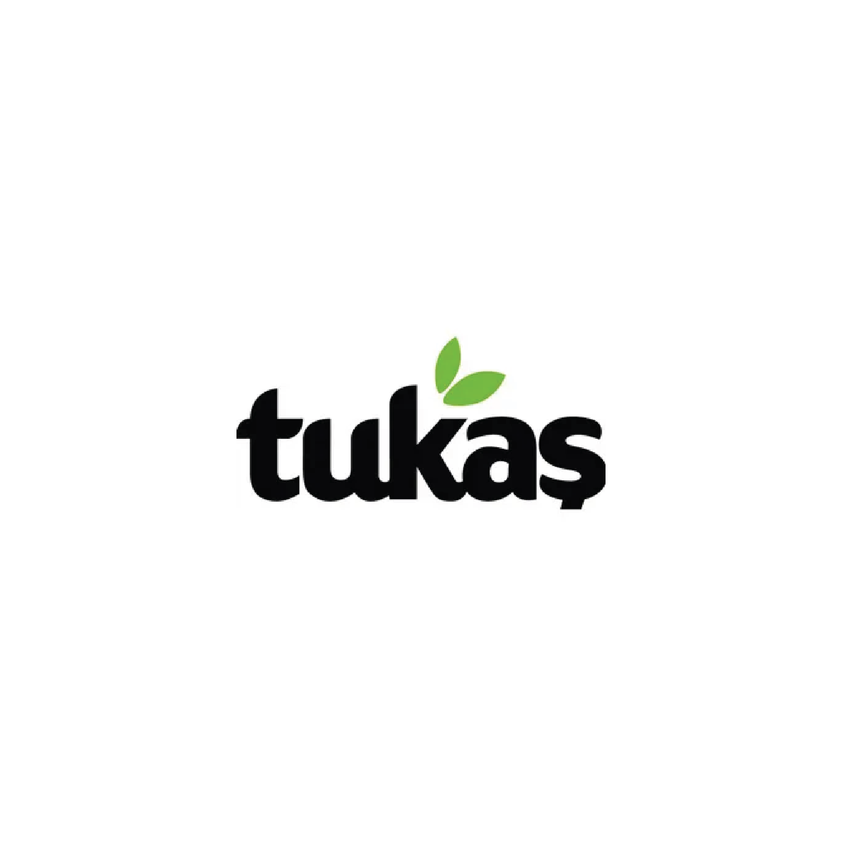 Logo of Tukas with black text and two green leaves above the 