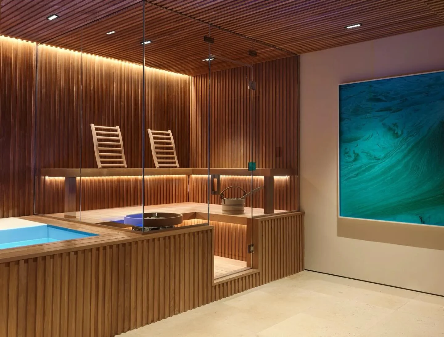 Subterranean spa complete with sauna and cold plunge 💦 thermo aspen wood slats and bush hammered limestone floors | Greenwich Village townhouse 

Photography: @simonuptonphotos 
Construction: @signaturedsn 
Architecture: @dmadpc