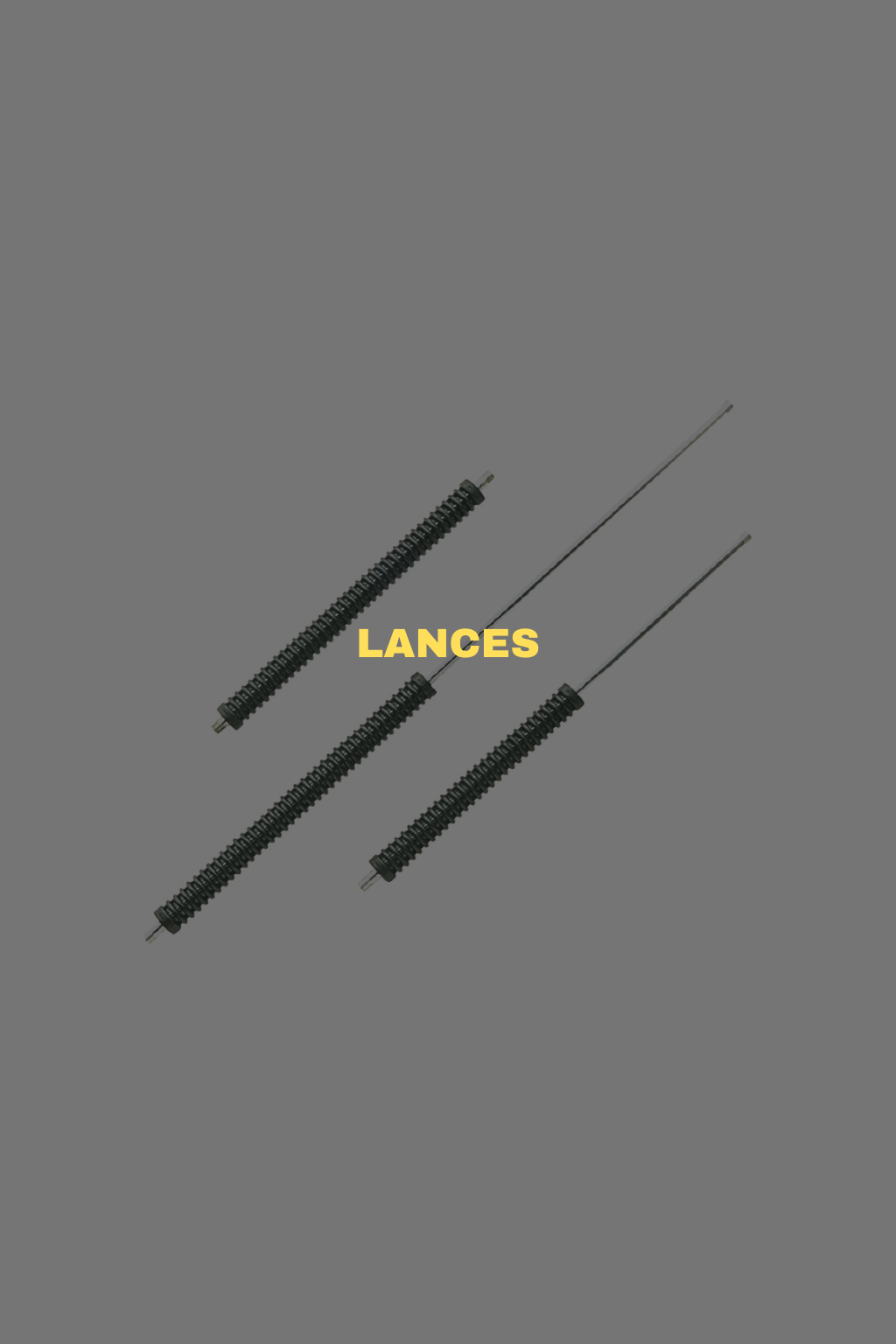 Three black metal drive shafts with rubber and metal components, labeled "LANCES" in yellow text, on a gray background.