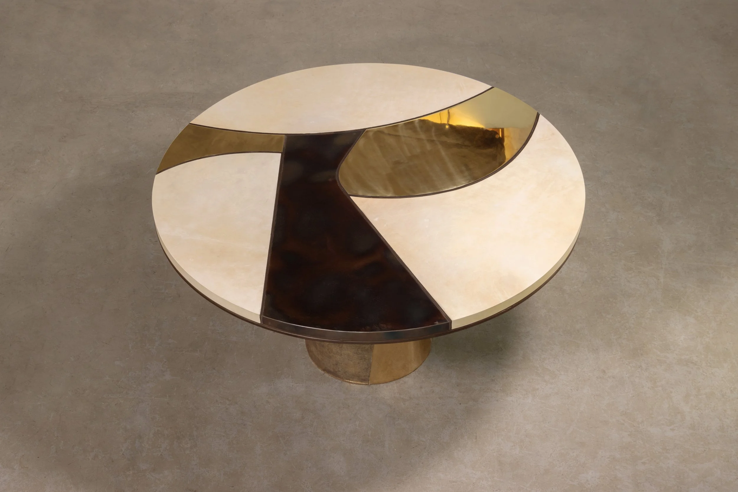 Benino Mosaico 59 Bronze, Parchment, Burned Metal, Cast Bronze Pedestal Dining Table by Costantini 02.jpg