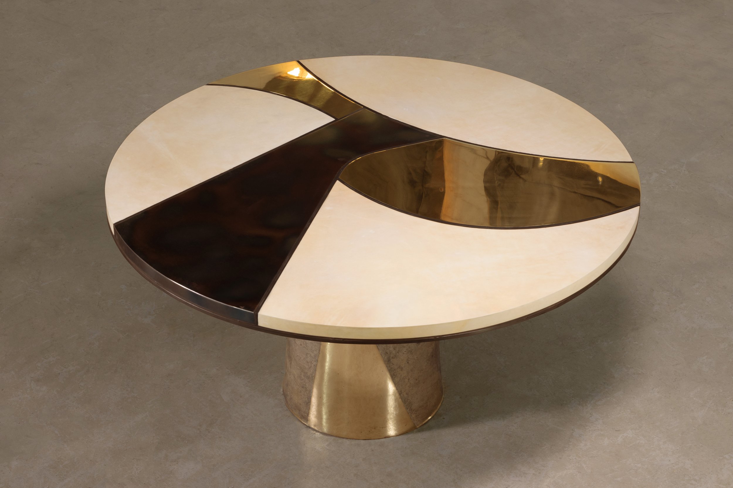 Benino Mosaico 59 Bronze, Parchment, Burned Metal, Cast Bronze Pedestal Dining Table by Costantini 03.jpg