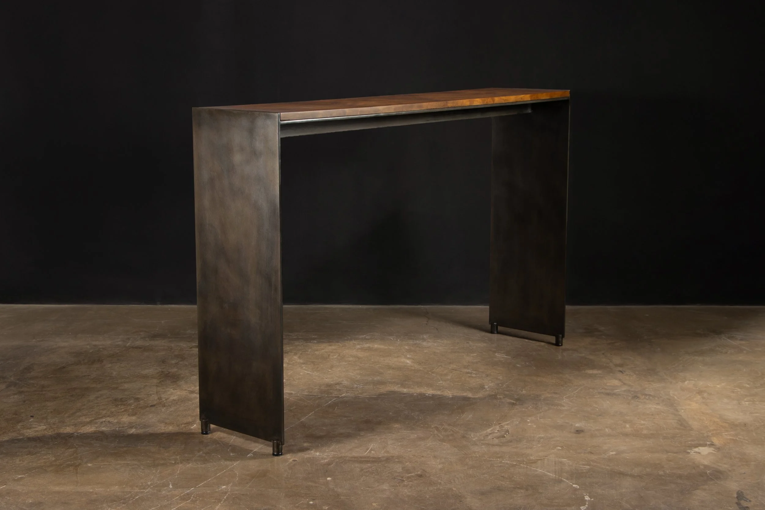 Modern Patinated Steel and Wood Burl Top Vinn Console Table by Costantini 00.jpg
