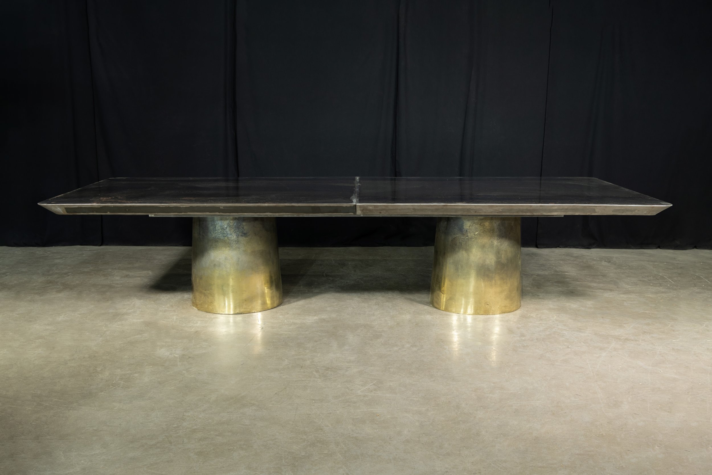 Benone Twin Pedestal Cast Bronze and Steel Dining Table by Costantini 01.jpg