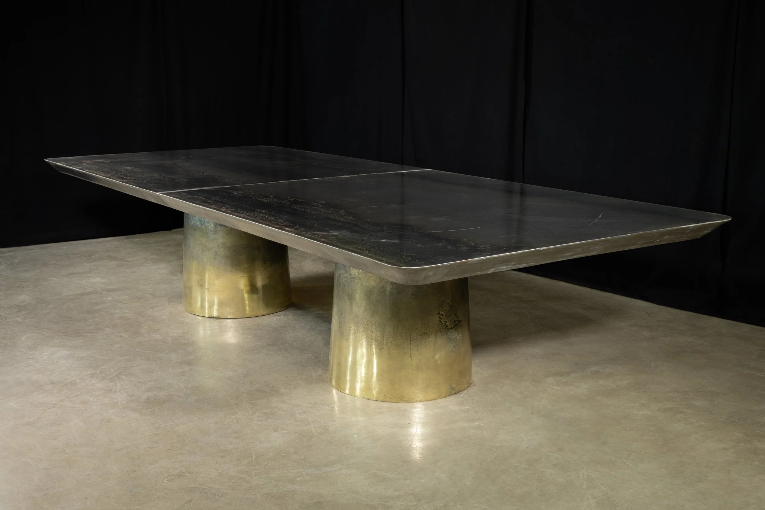 Benone Twin Pedestal Cast Bronze and Steel Dining Table by Costantini 00.jpg