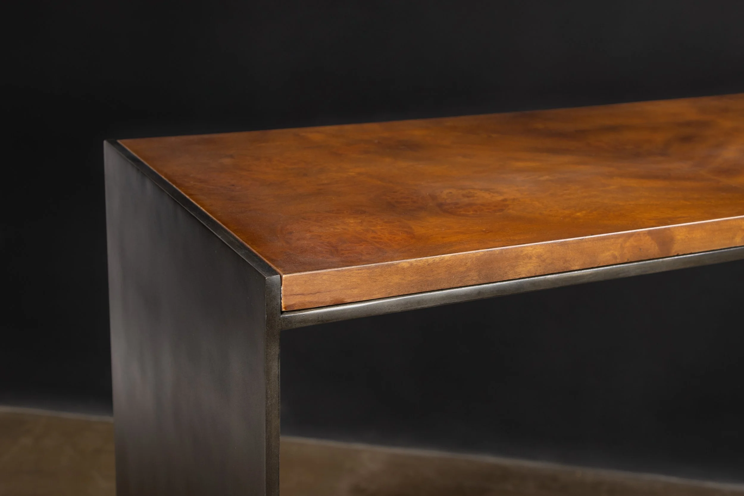 Modern Patinated Steel and Wood Burl Top Vinn Console Table by Costantini 07.jpg