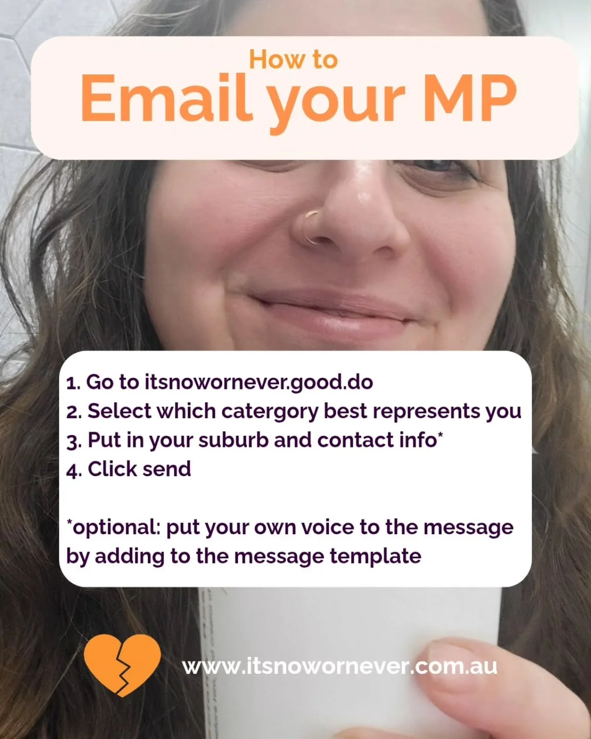 🧡🧡🧡 how to make a difference in under 1 minute

👉 go to itsnowornever.good.do
👉 select which catergory best represents you
👉 put in your suburb and contact info*
👉 click send

* optional: put your own voice to the message by adding to the mess
